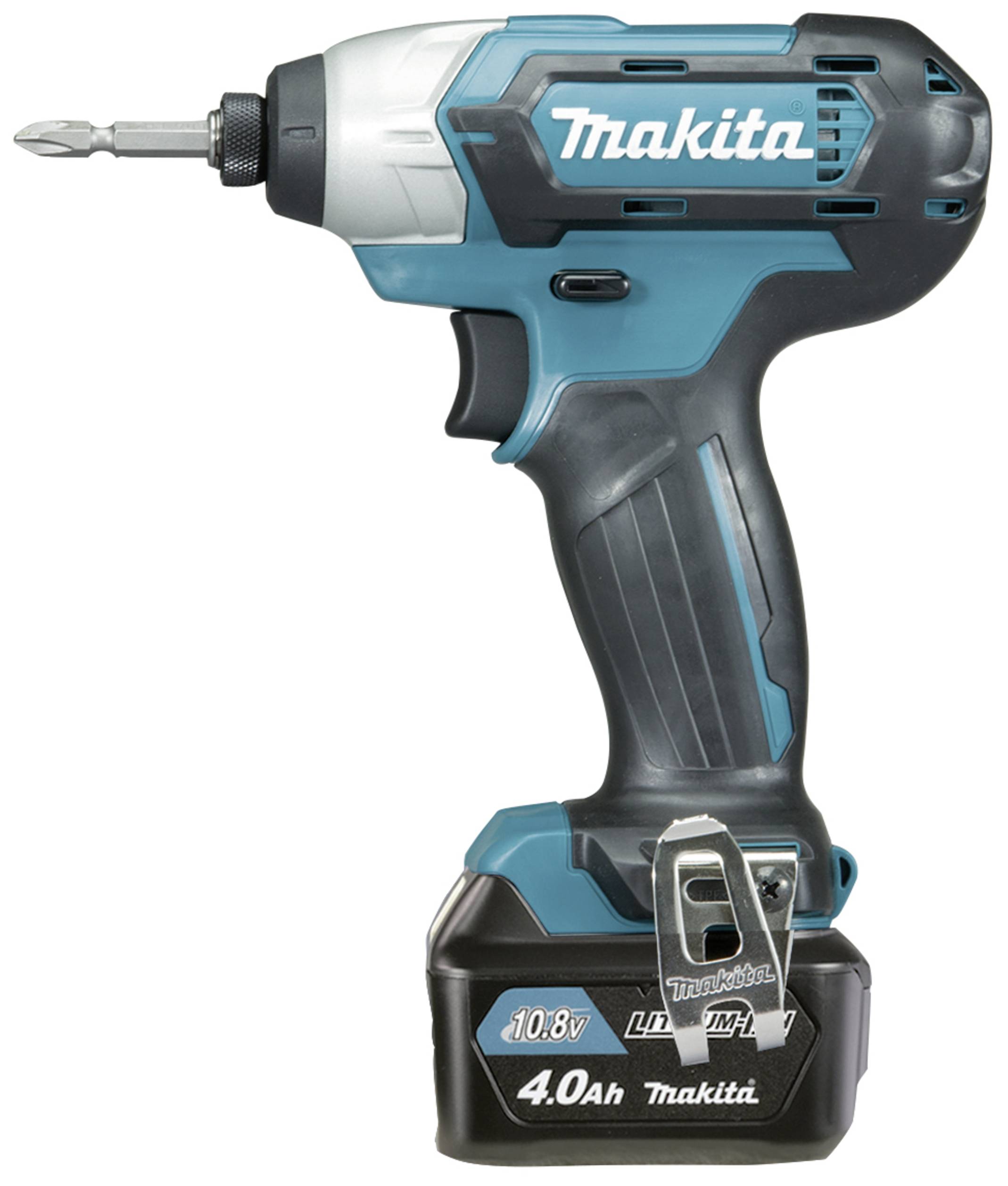 Ein blauer Akku-Schlagschrauber mit der Aufschrift 'Makita', 10,8 Volt, 4,0Ah, ideal für handwerkliche Arbeiten.