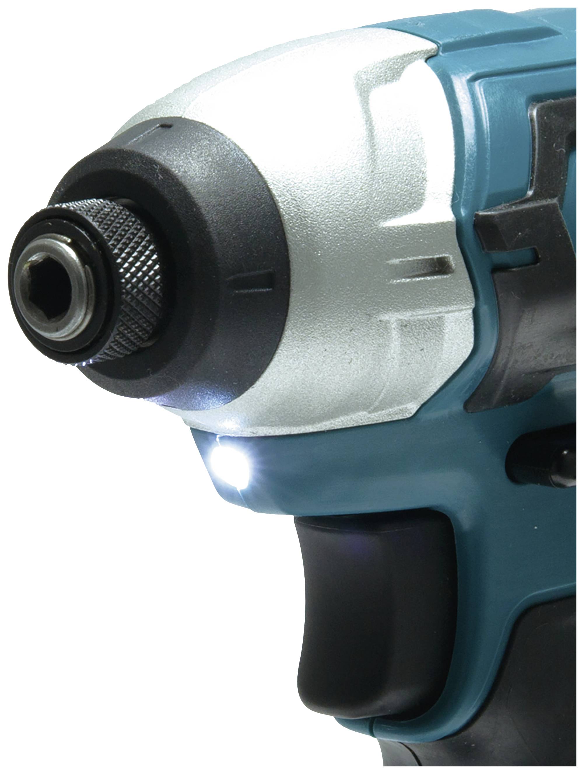 Akkuschlagschrauber mit blauem Gehäuse, silbernem Kopf und LED-Licht vorne. Werkzeug zum Schrauben und Bolzen.