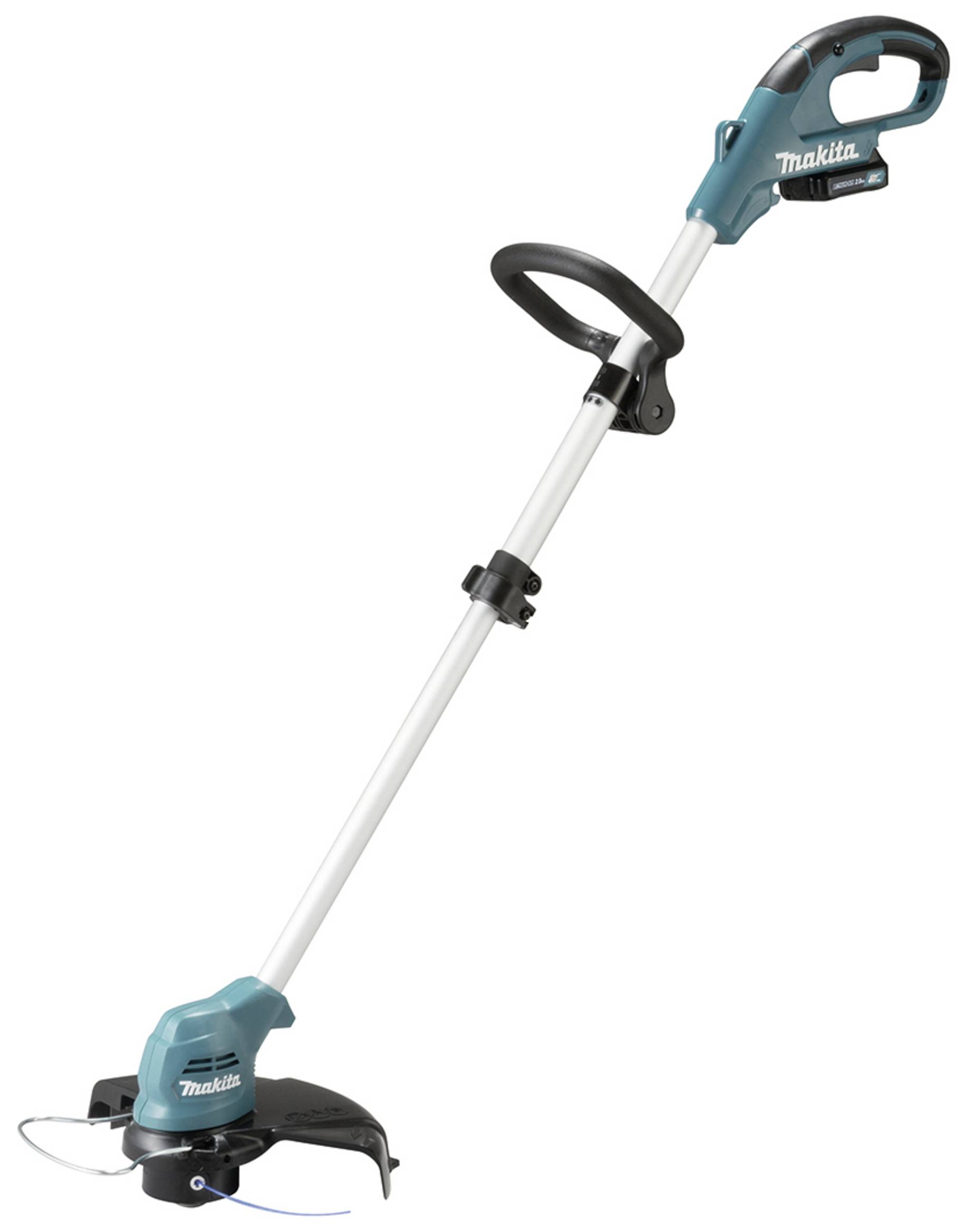 Akku-Rasentrimmer in blau und schwarz, mit Teleskopstiel und ergonomischem Griff. Marke Makita, für Gartenarbeiten geeignet.