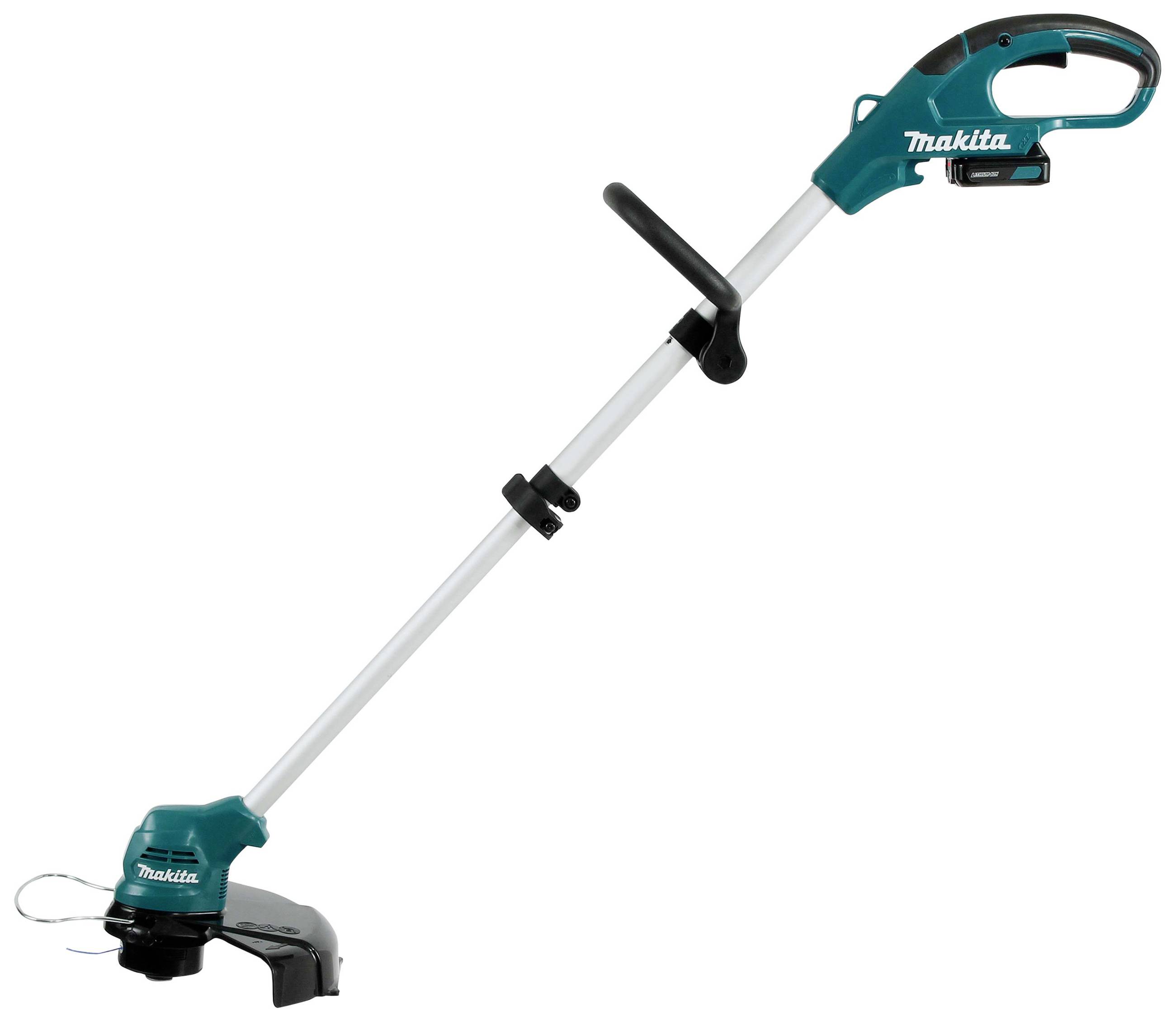 Grüner Elektro-Rasentrimmer mit schwarzem Griff und einer Schneidklinge. Auf dem Griff steht 'Makita'. Geeignet für Gartenarbeiten.