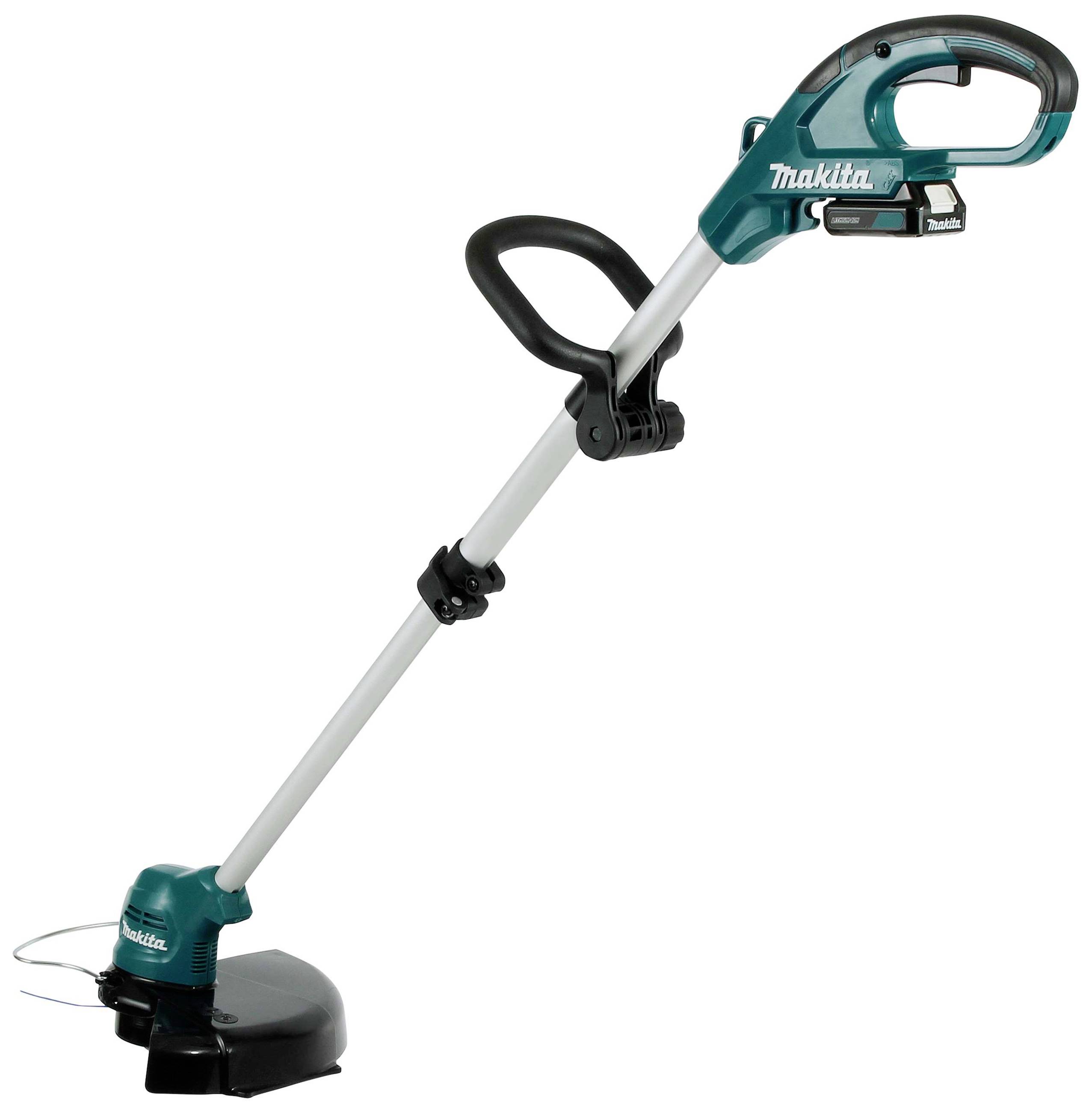 Ein kabelloser, elektrischer Rasentrimmer in Blau und Schwarz mit ergonomischem Griff und verstellbarem Schneidkopf.