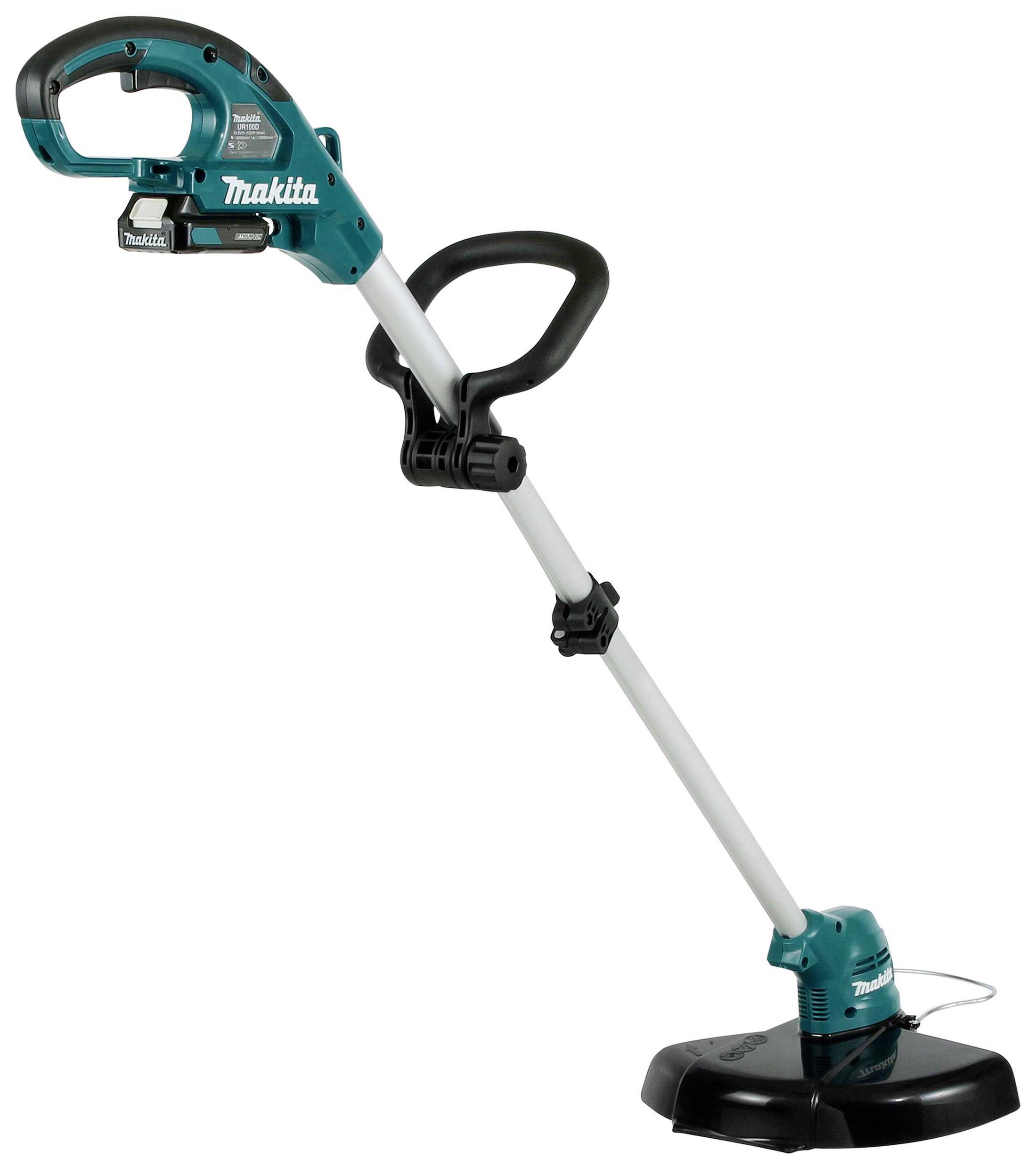Ein kabelloser, blau-schwarzer Rasentrimmer mit ergonomischem Griff und verstellbarem Stiel, geeignet für präzises Rasenschneiden.