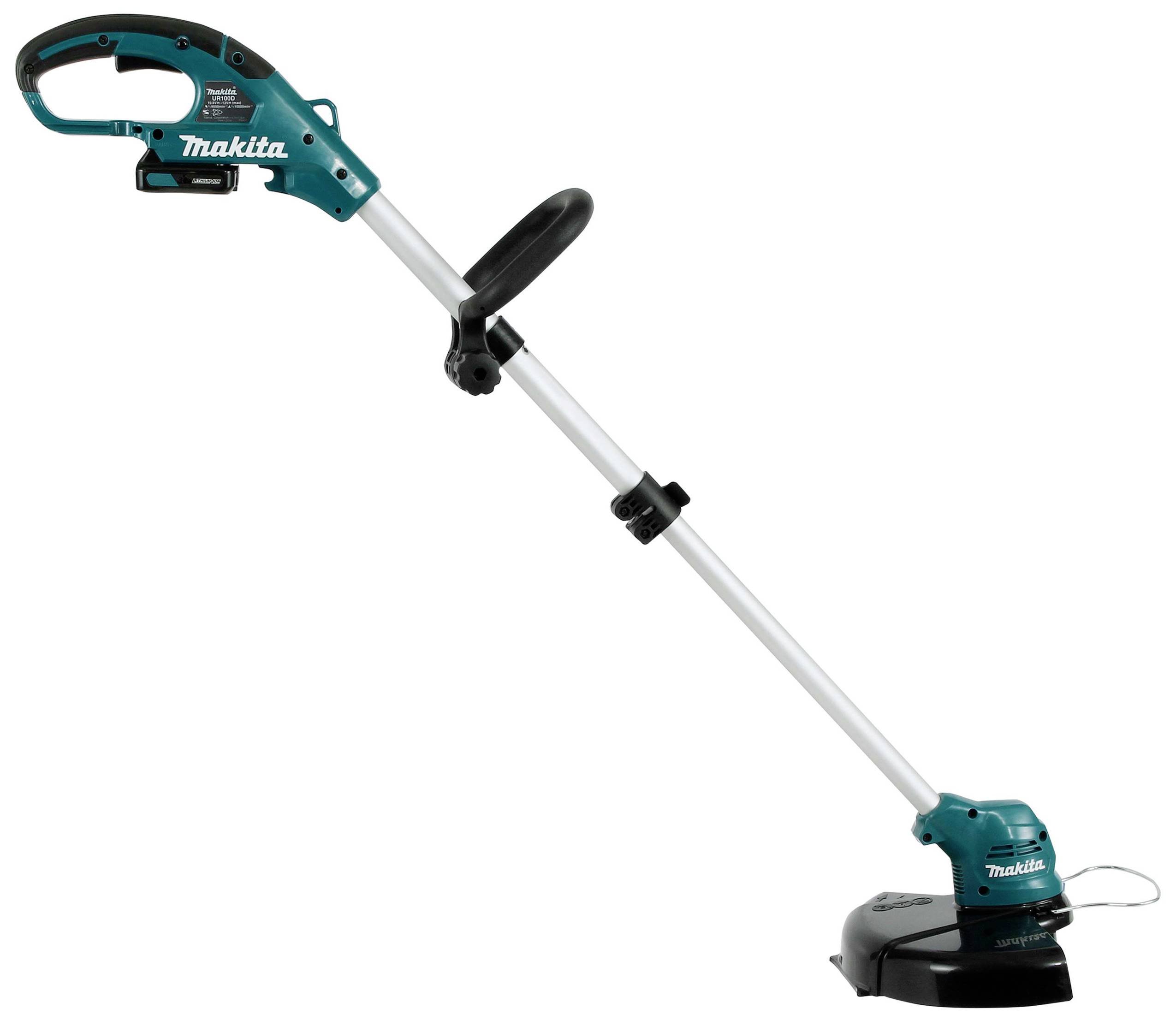 Akku-Rasentrimmer in schräger Ansicht, türkisfarben mit schwarzem Schneidkopf. Markenlogo und ergonomischer Griff gut sichtbar.