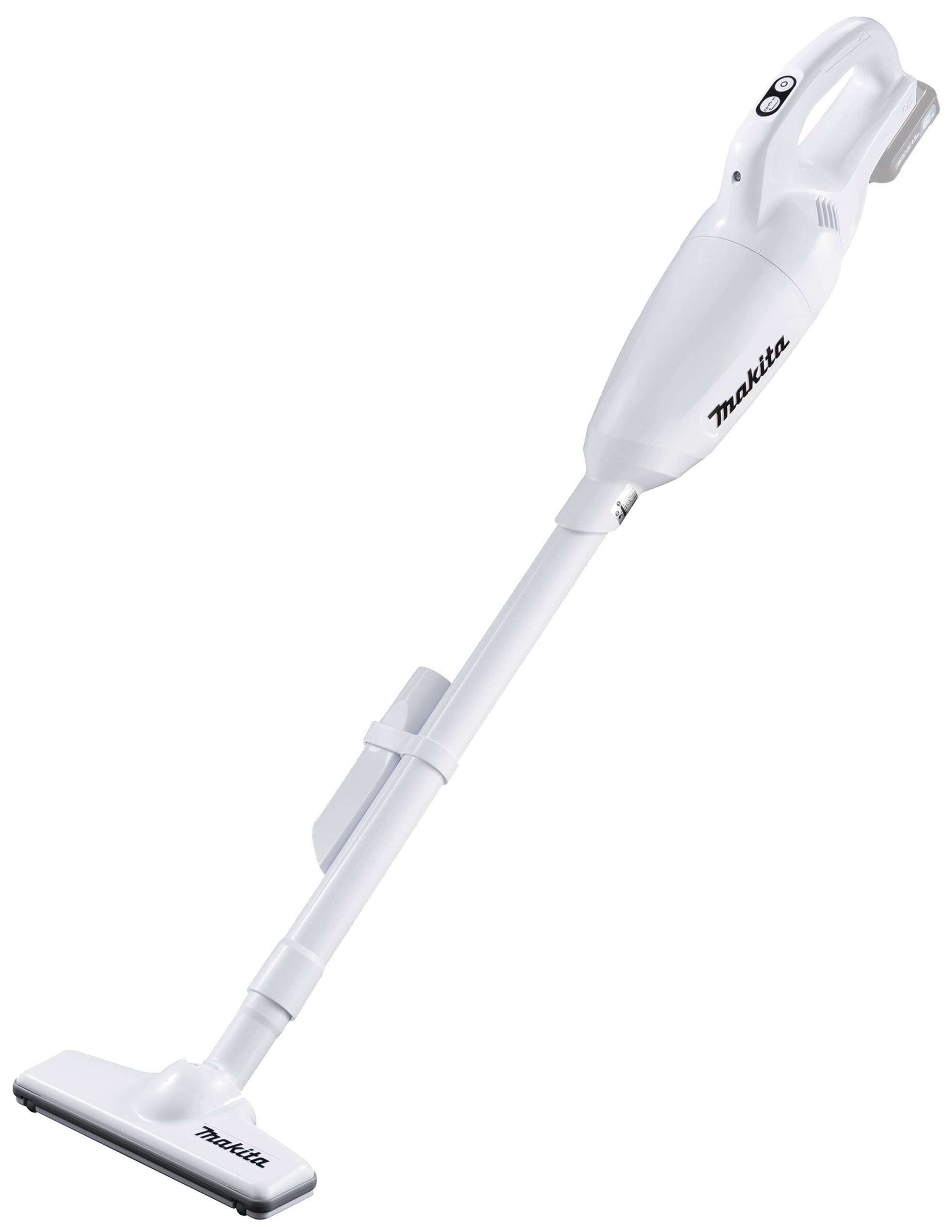 Ein kabelloser Handstaubsauger in Weiß mit einem schlanken, ergonomischen Design und einer Bodenbürste, ideal für schnelle Reinigungen.