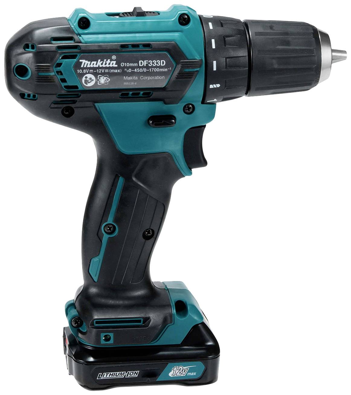 Ein kabelloser Bohrer mit ergonomischem Griff, Modell 'Makita DF333D'. Verwendet Lithium-Ionen-Akkus, geeignet für Bohr- und Schraubarbeiten.