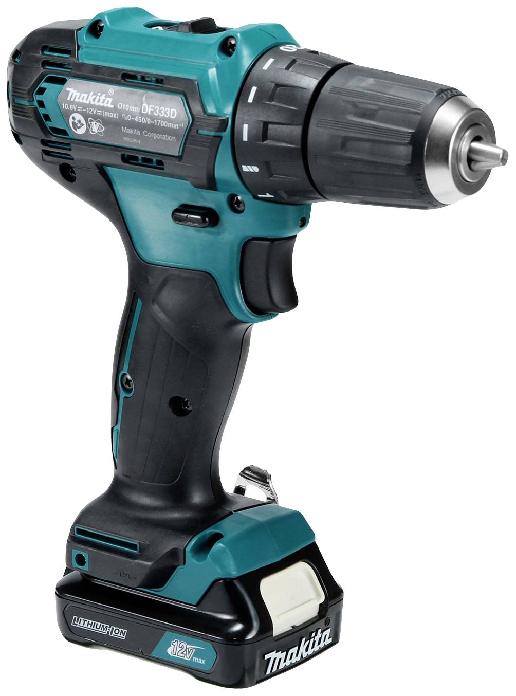 Ein türkis-schwarzer Akkuschrauber von Makita, seitlich gezeigt. Verfügt über ein Handgriffdesign und ein abnehmbares Batteriefach.