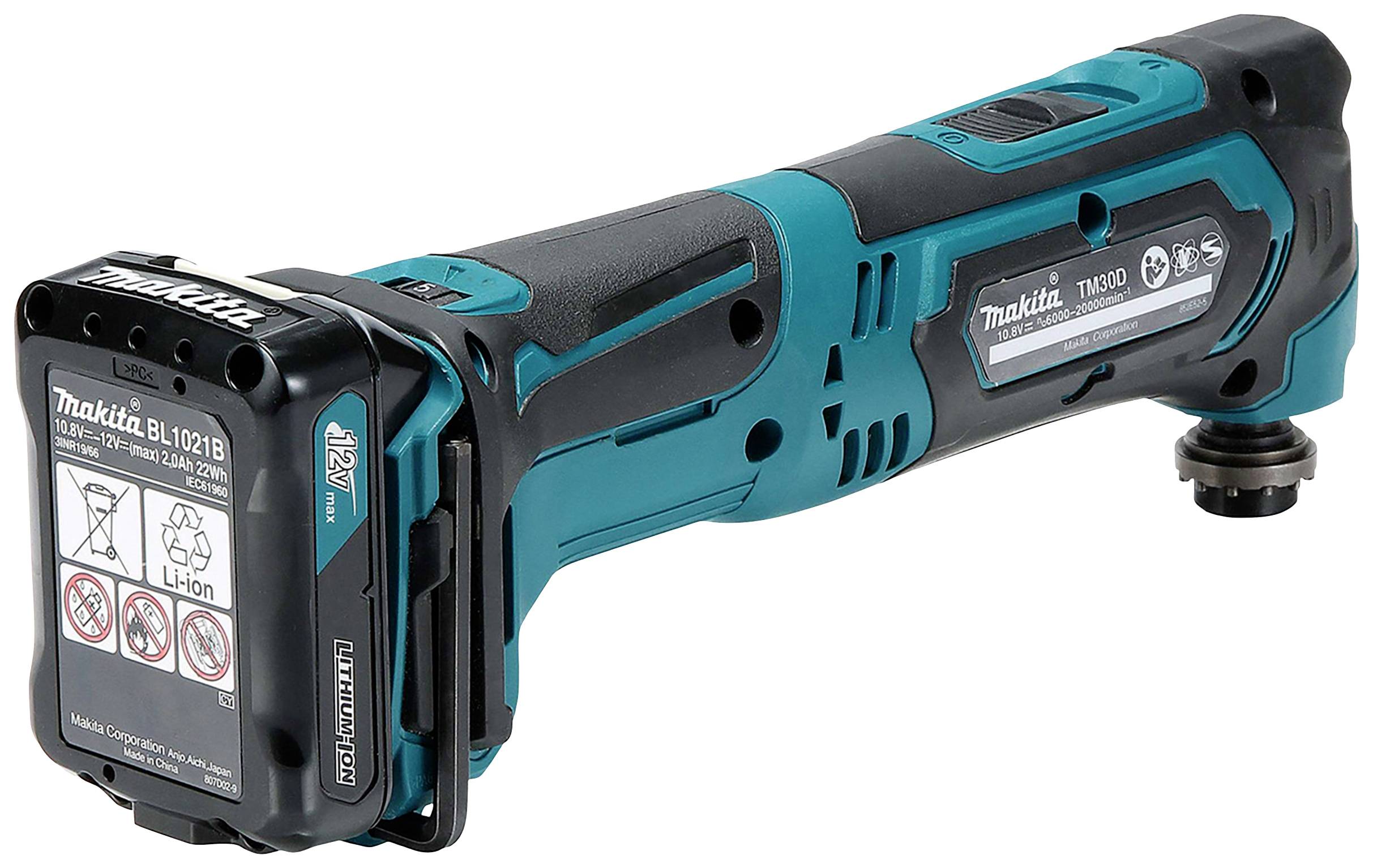 Ein oszillierendes Multifunktionswerkzeug in Blau und Schwarz, mit abnehmbarer Batterie, geeignet für verschiedene handwerkliche Anwendungen.