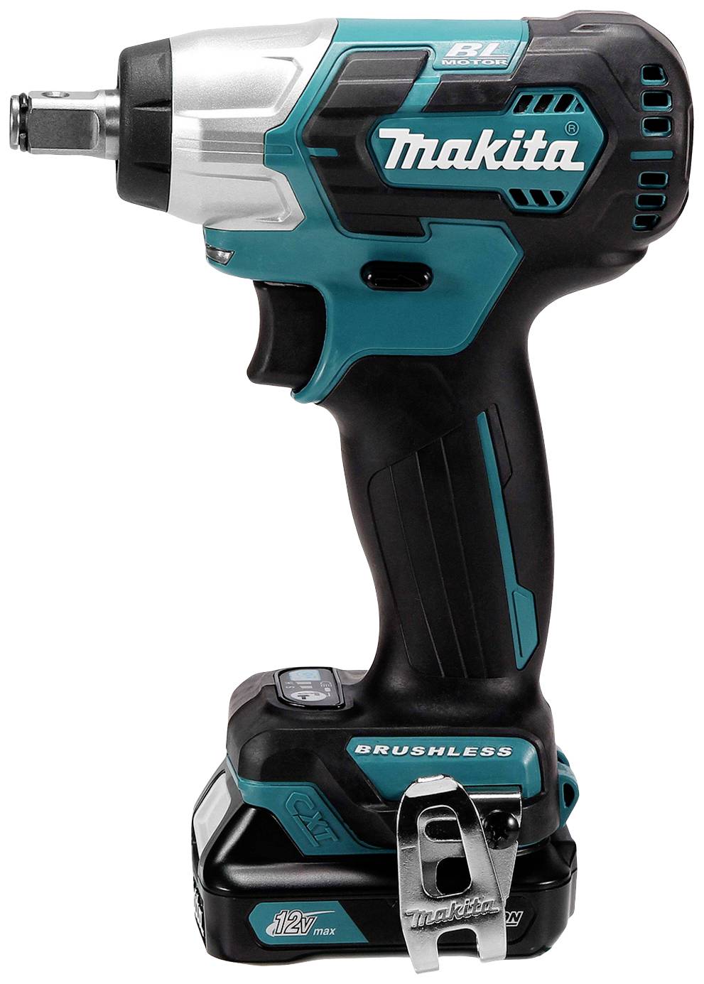 Ein kabelloser, bürstenloser Schlagschrauber von Makita, in schwarz und blau, mit einem kompakten Design und starkem Akku.