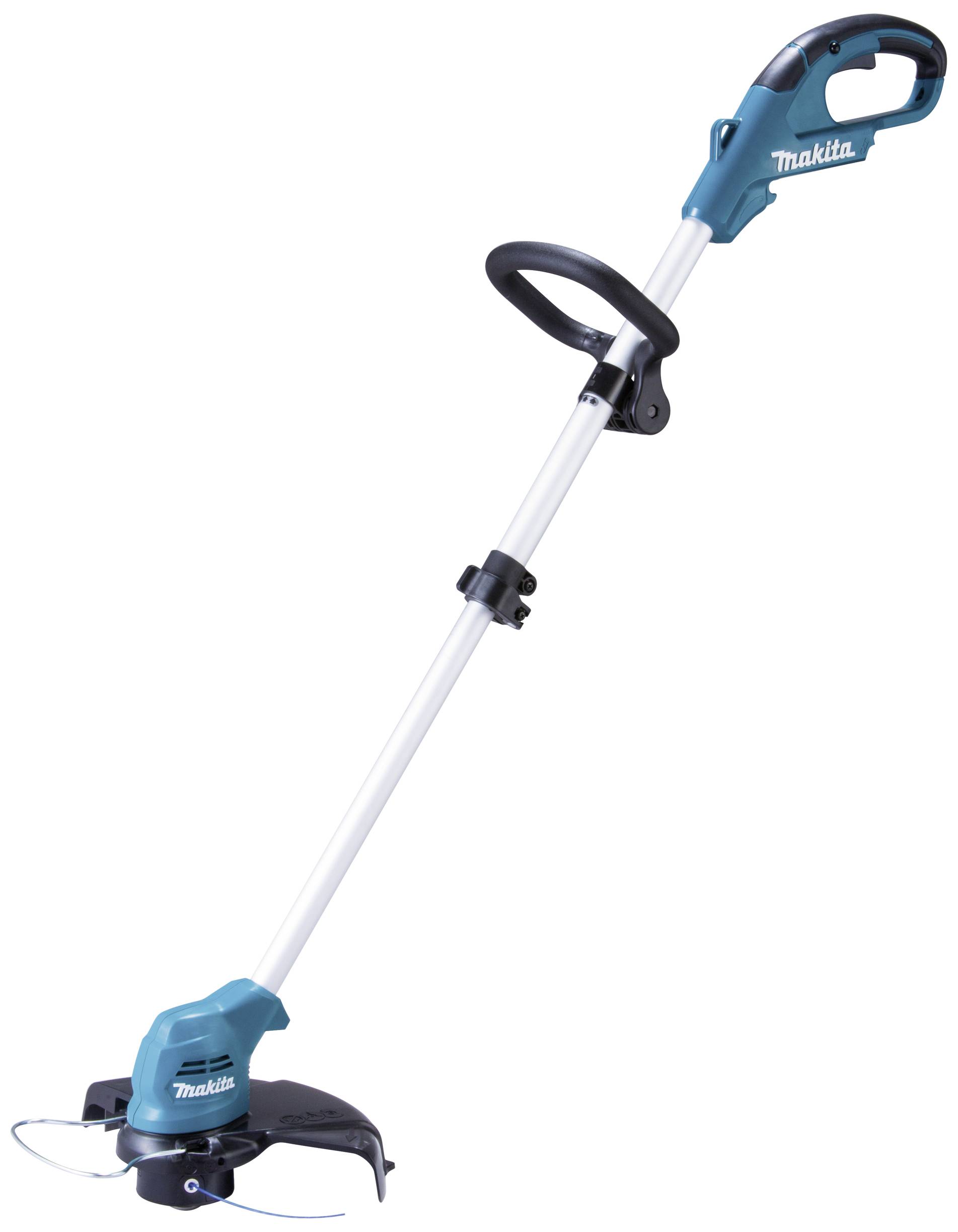 Elektrischer Rasentrimmer mit blauem und weißem Design, ergonomischem Griff und Schutzabdeckung über dem Schneidkopf.