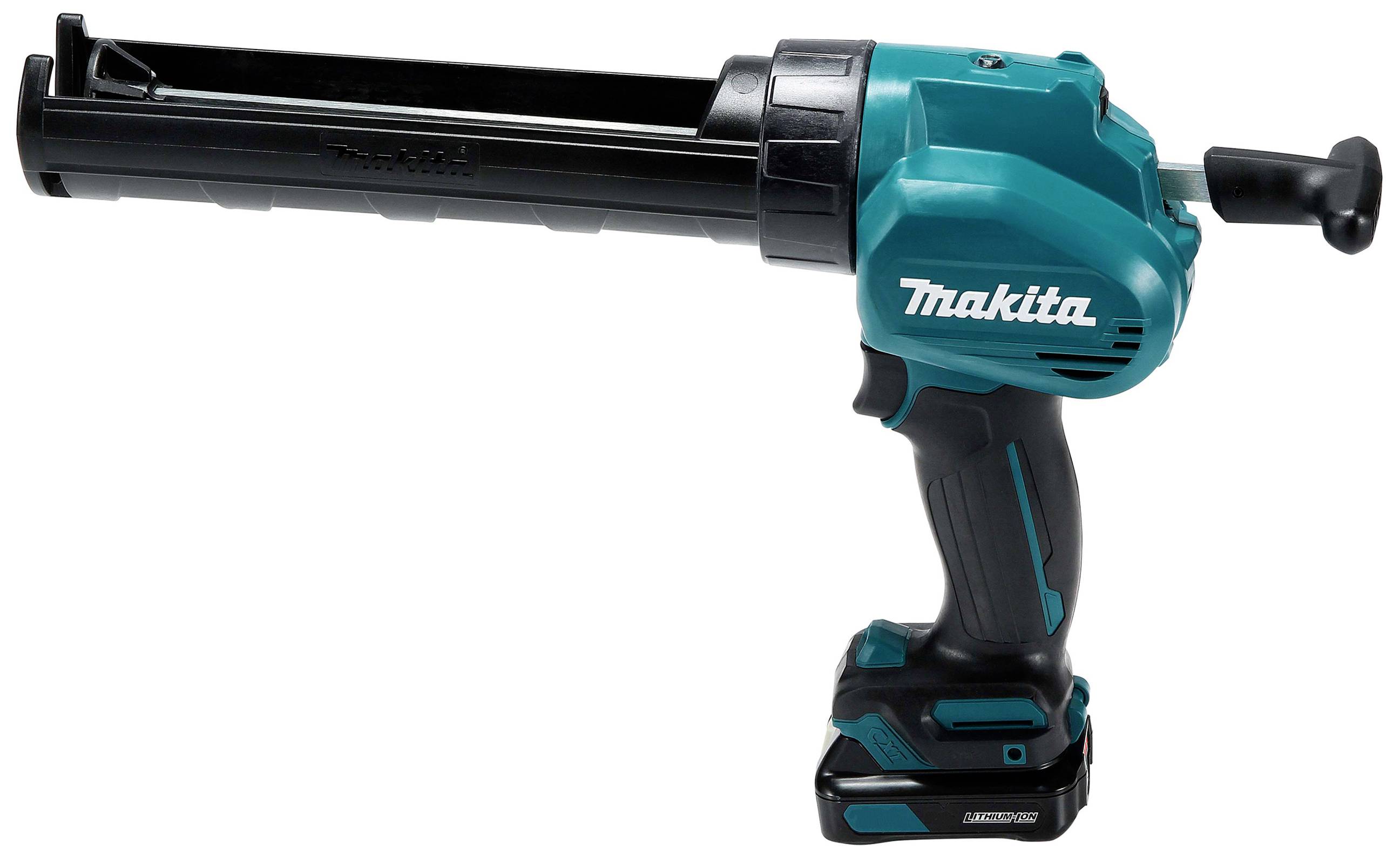 Elektrische Kartuschenpistole in Türkis und Schwarz mit Akkubetrieb. Modellname 'Makita' auf der Seite.