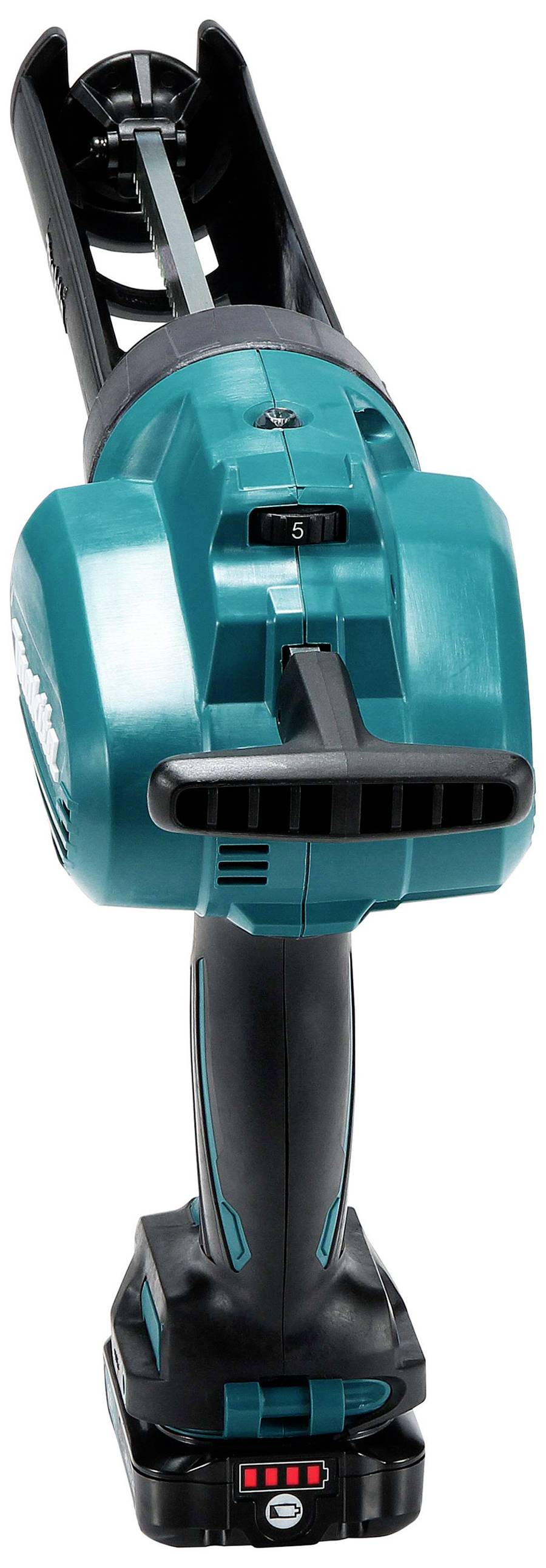 Ein grüner elektrischer Boden- oder Wandnetzknacker mit ergonomischem Griff, Batterieleuchte und Bedienfeld.