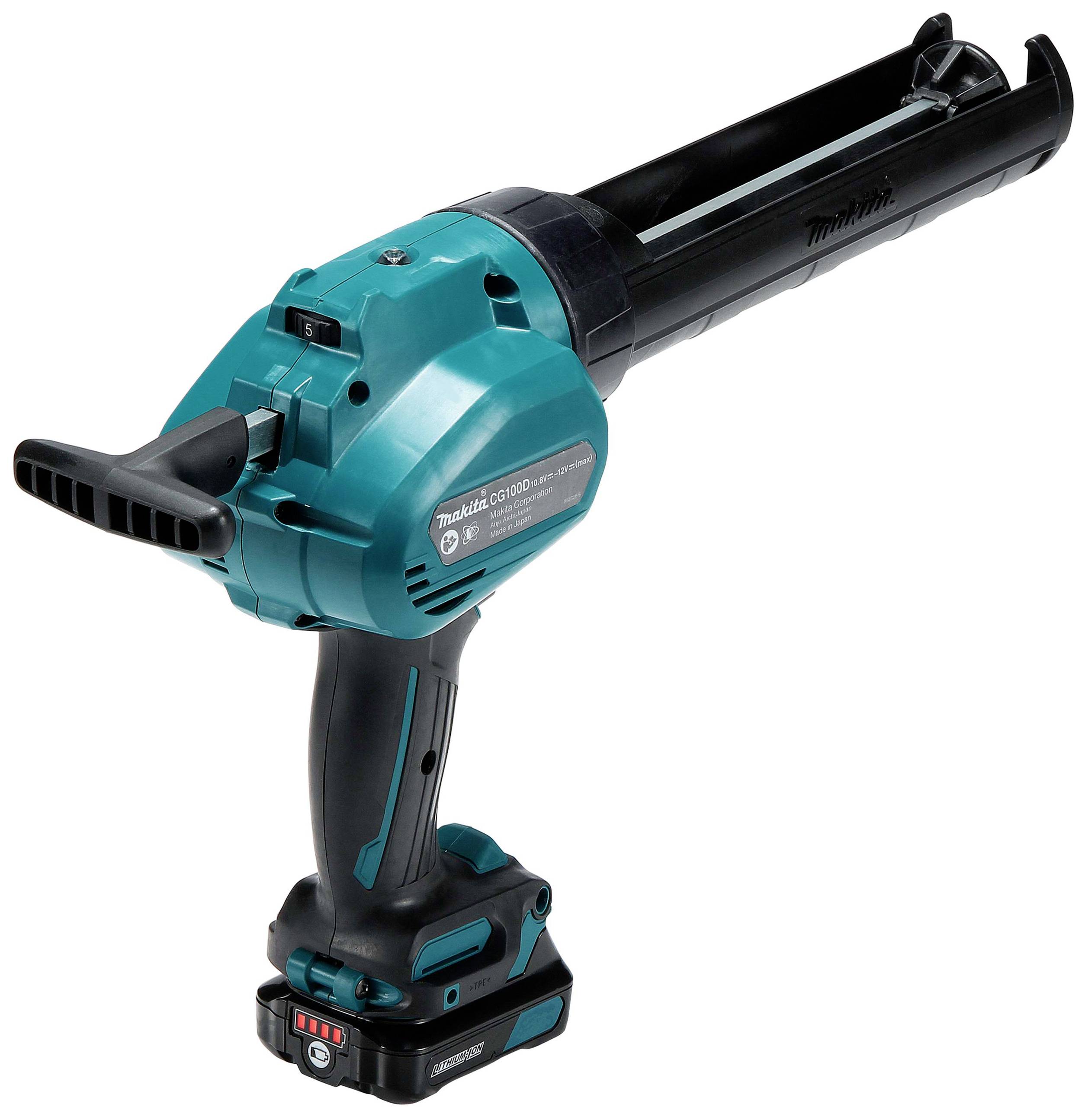 Kabelloser Akkudichtstoffspender mit ergonomischem Griff und einstellbarer Geschwindigkeit für präzises Arbeiten.