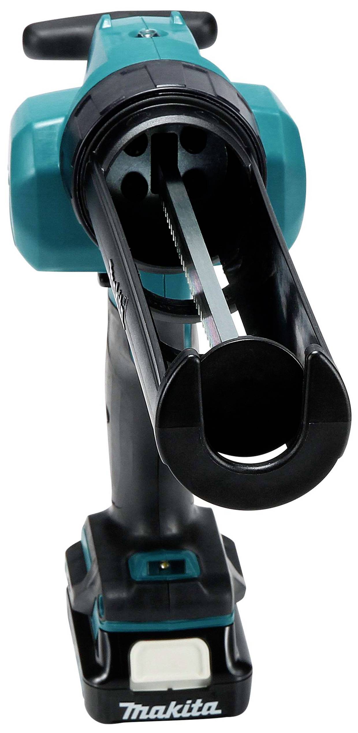 Akku-Kartuschenpresse in Blau und Schwarz mit einer langen Düse und Griff, geeignet zum präzisen Auftragen von Dichtstoffen.