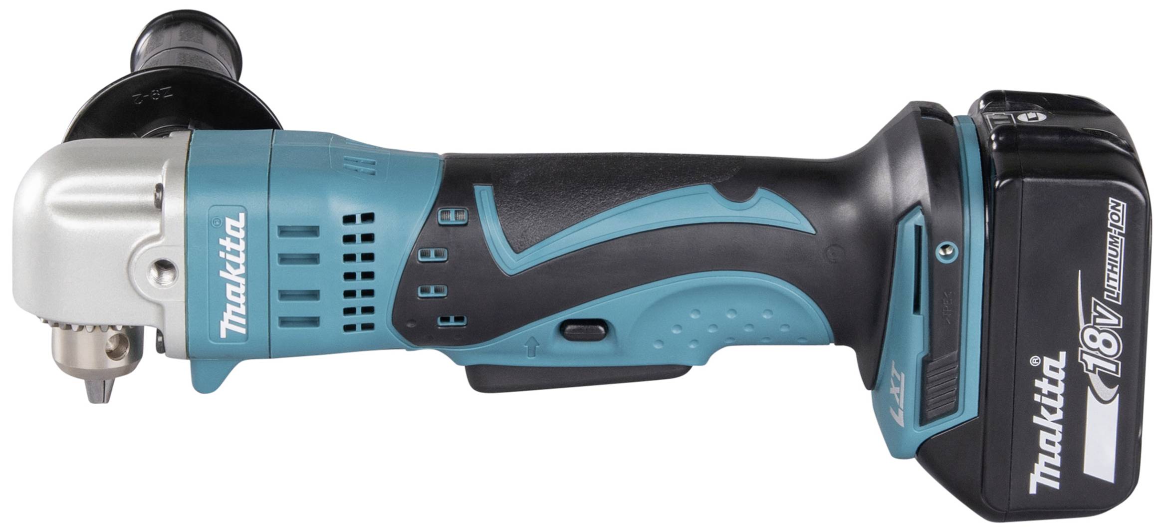 Ein kabelloser Winkelschrauber der Marke Makita mit 18V Lithium-Ionen-Akku, geeignet für präzises Arbeiten in engen Räumen.