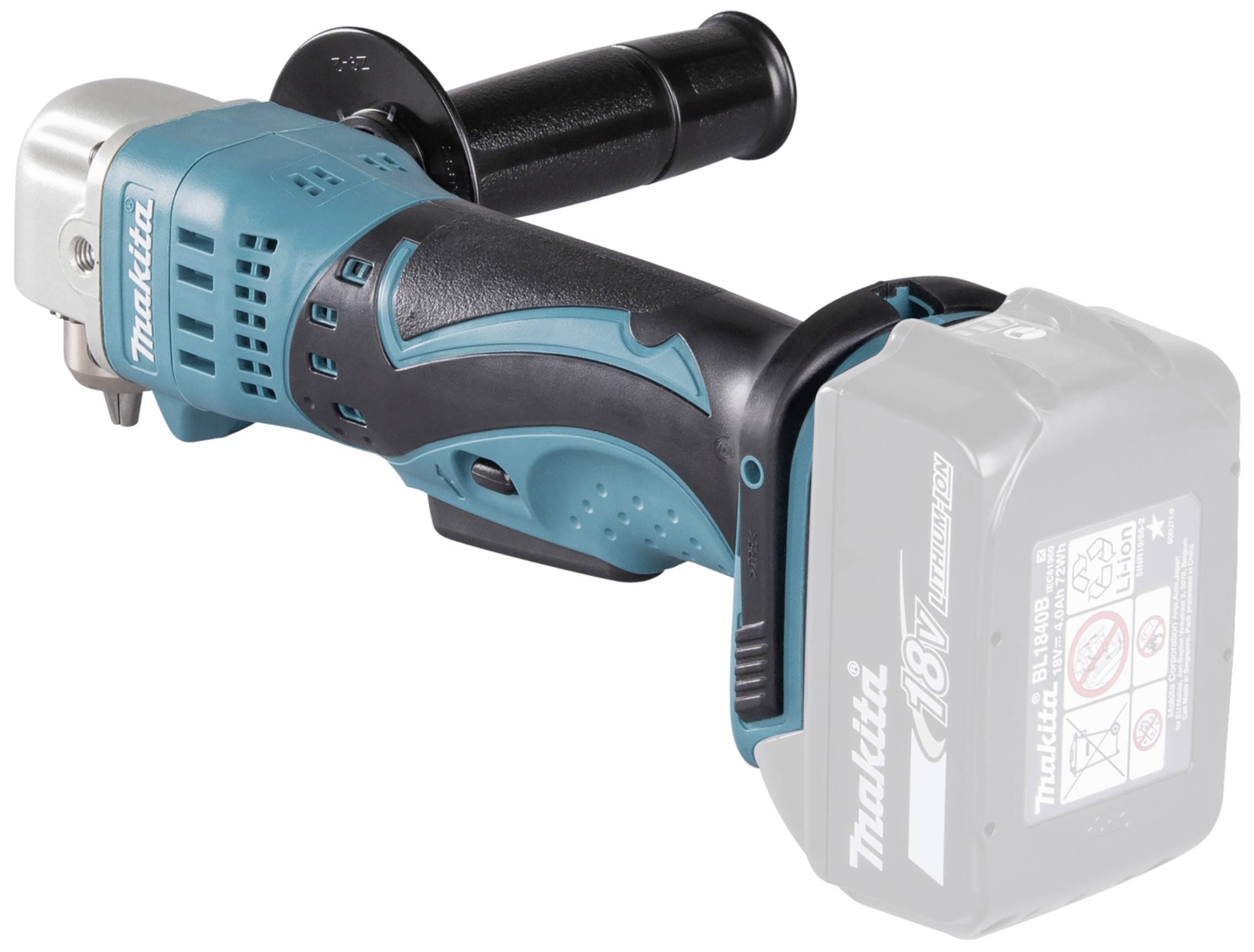 Akkubetriebener Winkelschleifer mit blau-schwarzem Gehäuse und ergonomischem Griff.