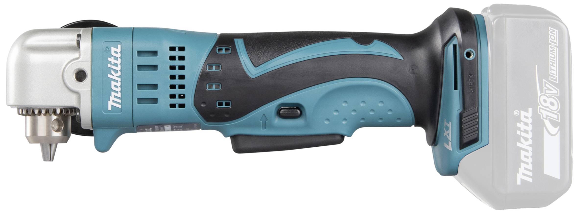 Ein blau-schwarzer Makita 18V Akku-Winkelbohrschrauber, seitlich gezeigt, mit ergonomischem Griff und robustem Design.