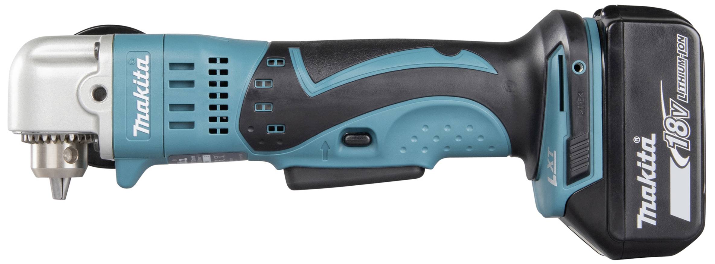 Ein kabelloser Winkelschrauber von Makita, Modell mit 18V Lithium-Ionen-Akku, Blau und Schwarz, geeignet für schwer zugängliche Stellen.