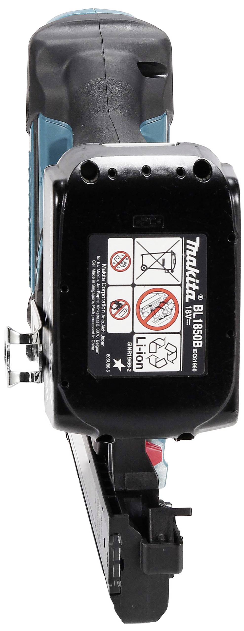 Elektrowerkzeug mit schwarzem Gehäuse und blauen Akzenten, zeigt ein Warnetikett mit Piktogrammen und Anweisungen zur Verwendung.
