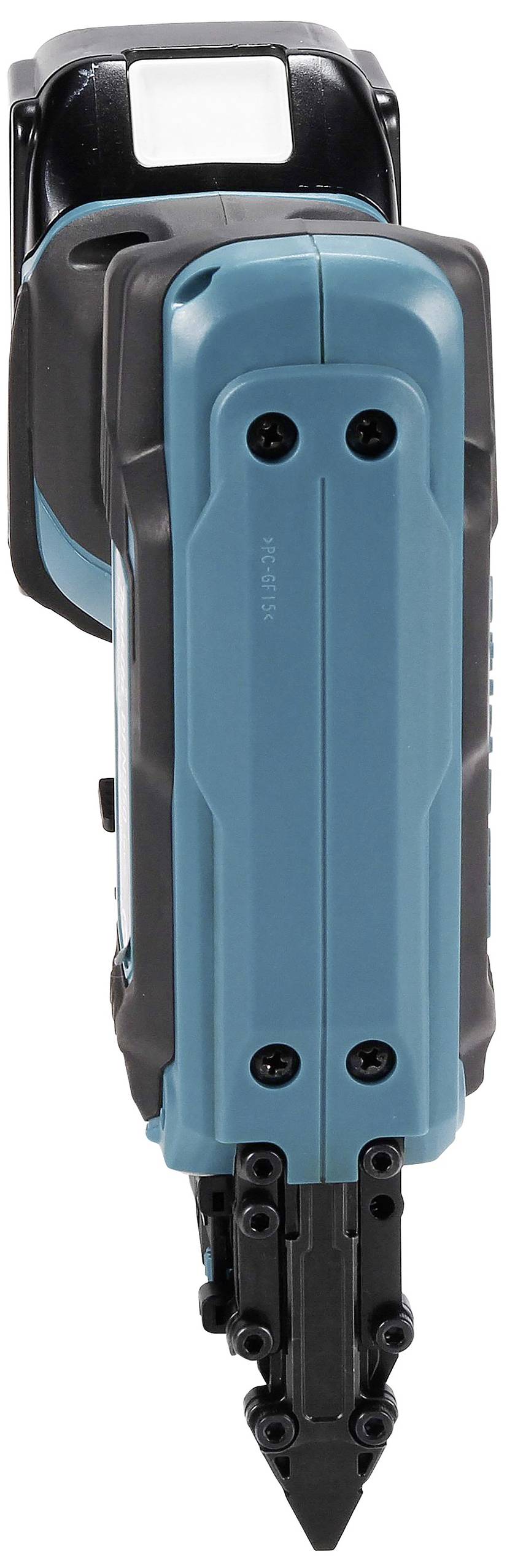 Ein blau-schwarzes elektrisches Werkzeug mit einem spitzen Aufsatz, vertikal abgebildet. Geeignet für Bauarbeiten oder Heimwerken.