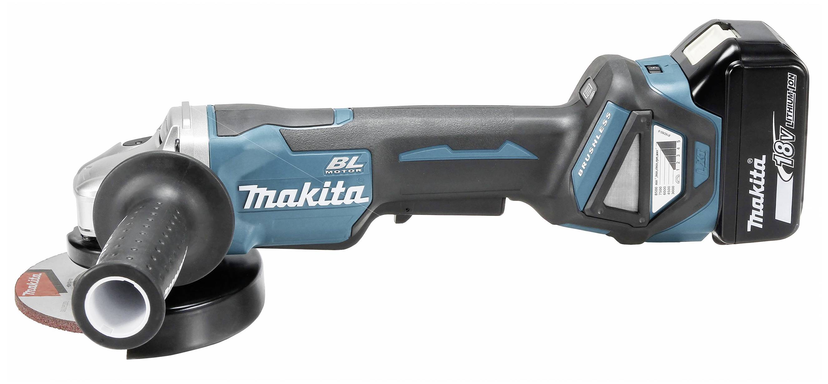 Ein blauer und schwarzer, kabelloser Winkelschleifer mit einem Makita-Logo und einem Akku auf der Rückseite.