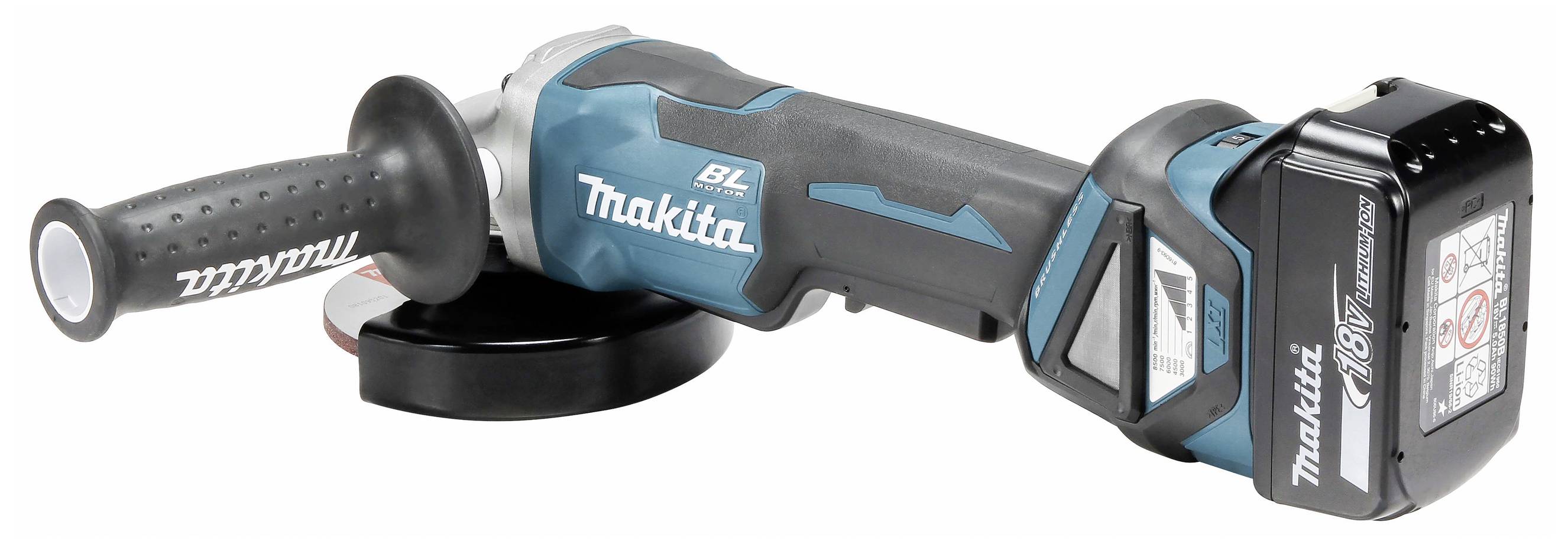 Ein kabelloser Winkelschleifer von Makita, blau und schwarz, mit einem abnehmbaren Akku und einem seitlichen Griff für Kontrolle und Sicherheit.