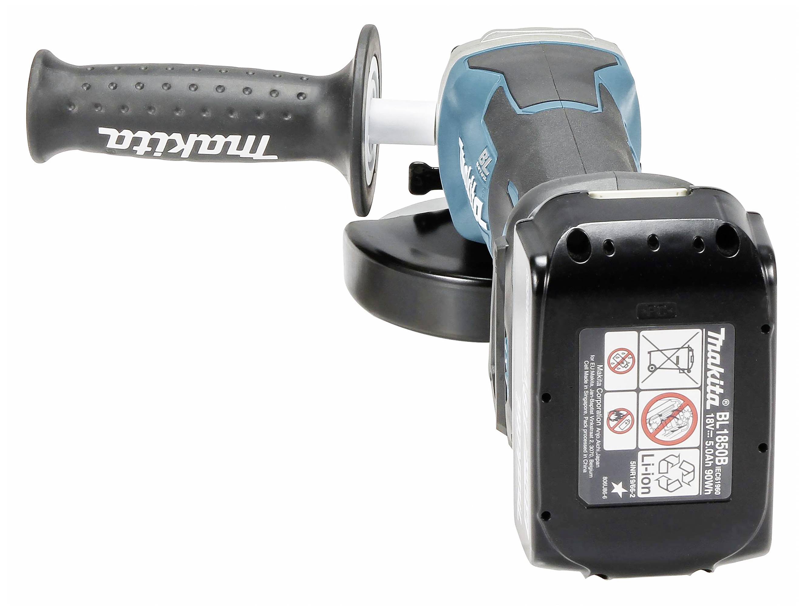 Akkubetriebener Winkelschleifer der Marke Makita; schwarzer Griff links, blauer Körper, schwarz-weißes Etikett mit Sicherheitshinweisen.