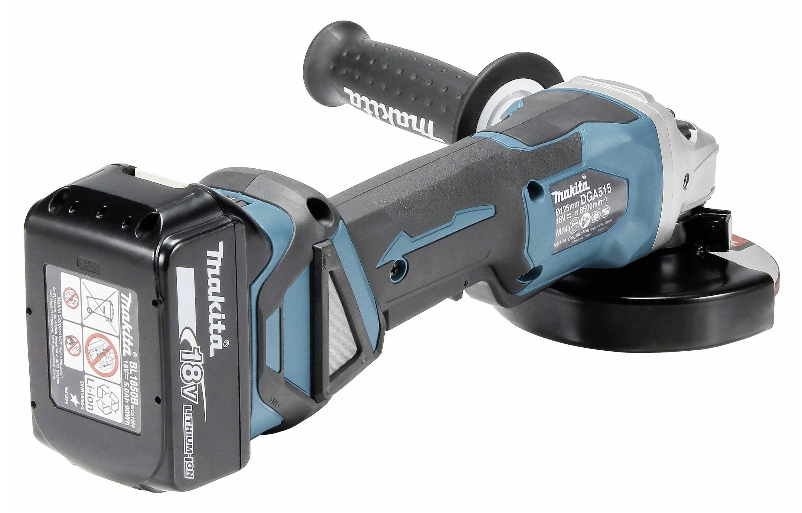 Kabelloser Winkelschleifer in Blau und Schwarz mit Leistungssymbolen. Akku und Scheibe befinden sich auf der linken Seite.