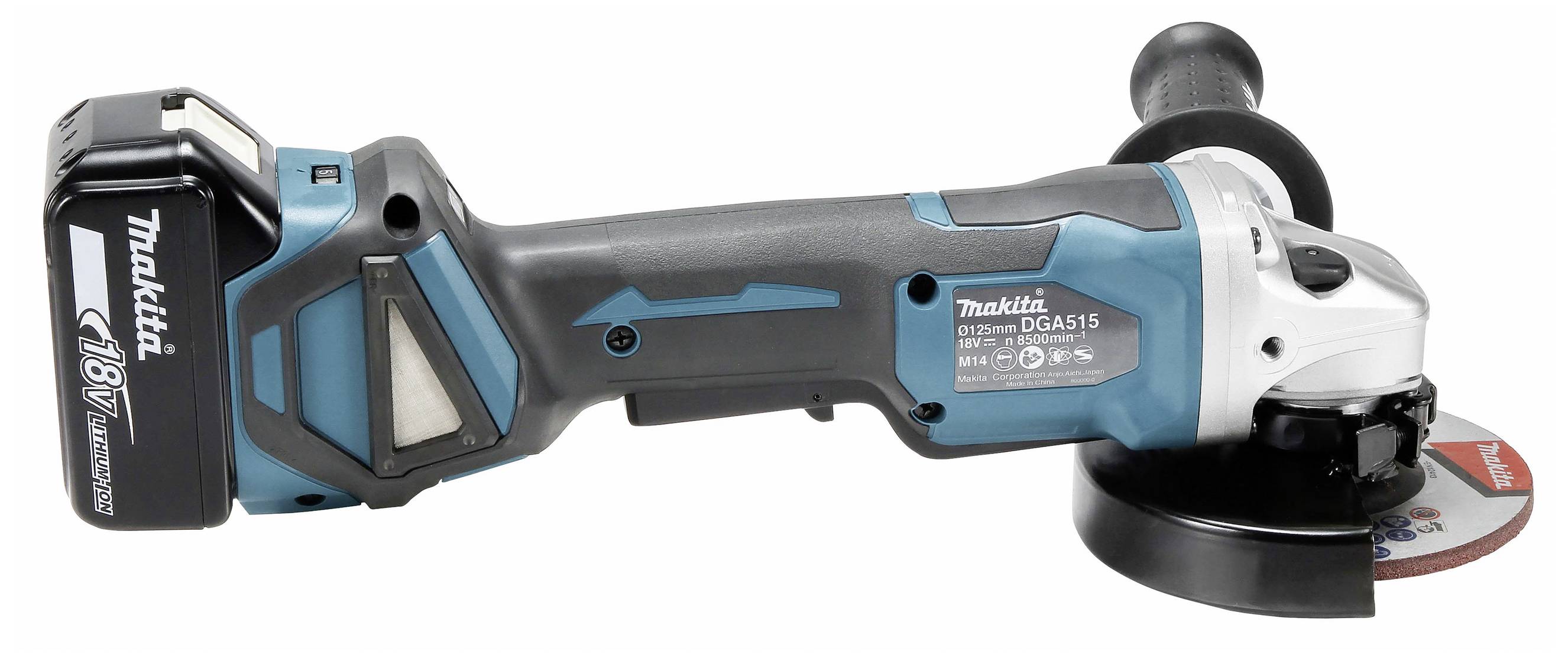 Akkuschleifer von Makita, Modell DGA515, 18V, in seitlicher Ansicht, mit montierter Schleifscheibe und Akku.
