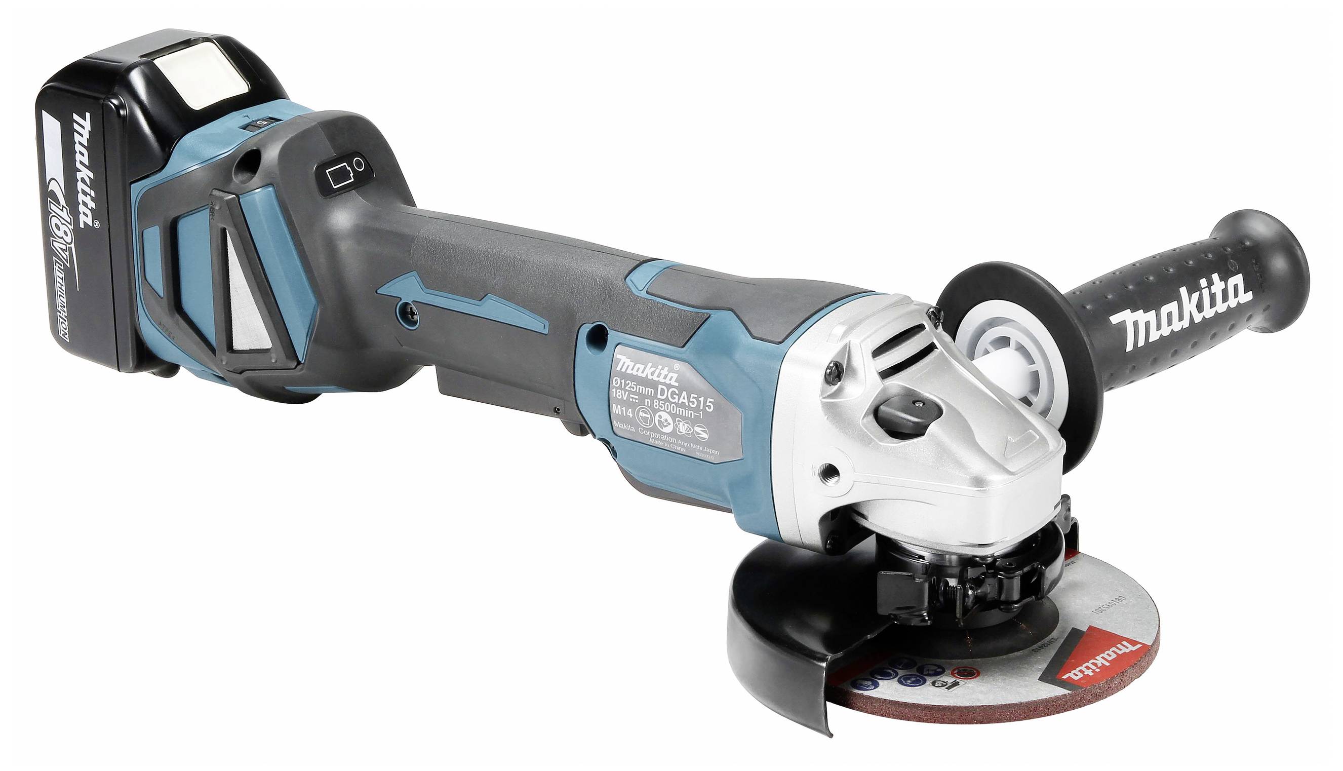 Akku-Winkelschleifer der Marke Makita mit blau-schwarzem Gehäuse und ergonomischem Griff, geeignet für Schleifarbeiten.