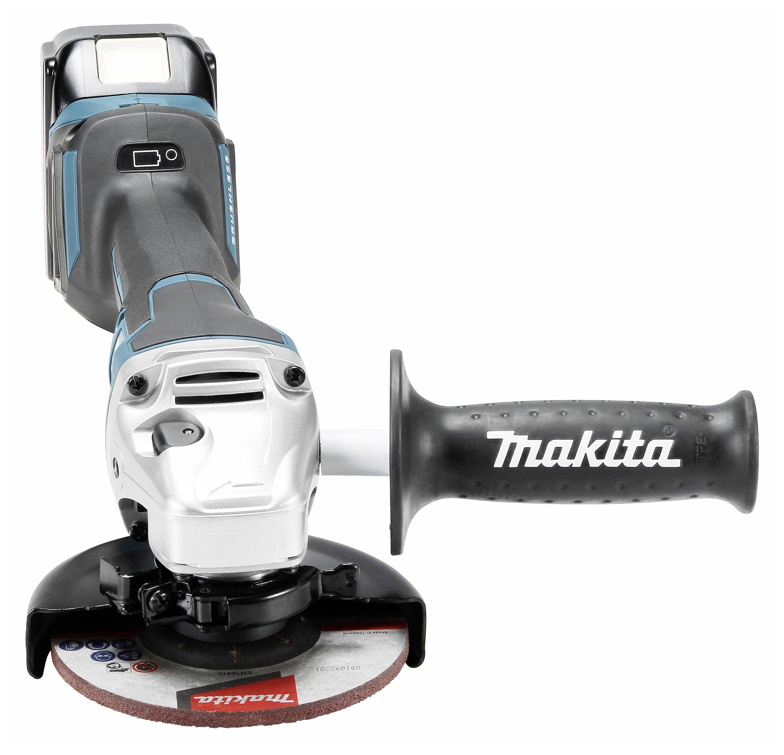 Akkubetriebener Winkelschleifer mit seitlichem Griff, silbernem Kopf und Scheibe. Markenname 'Makita' auf dem Griff.