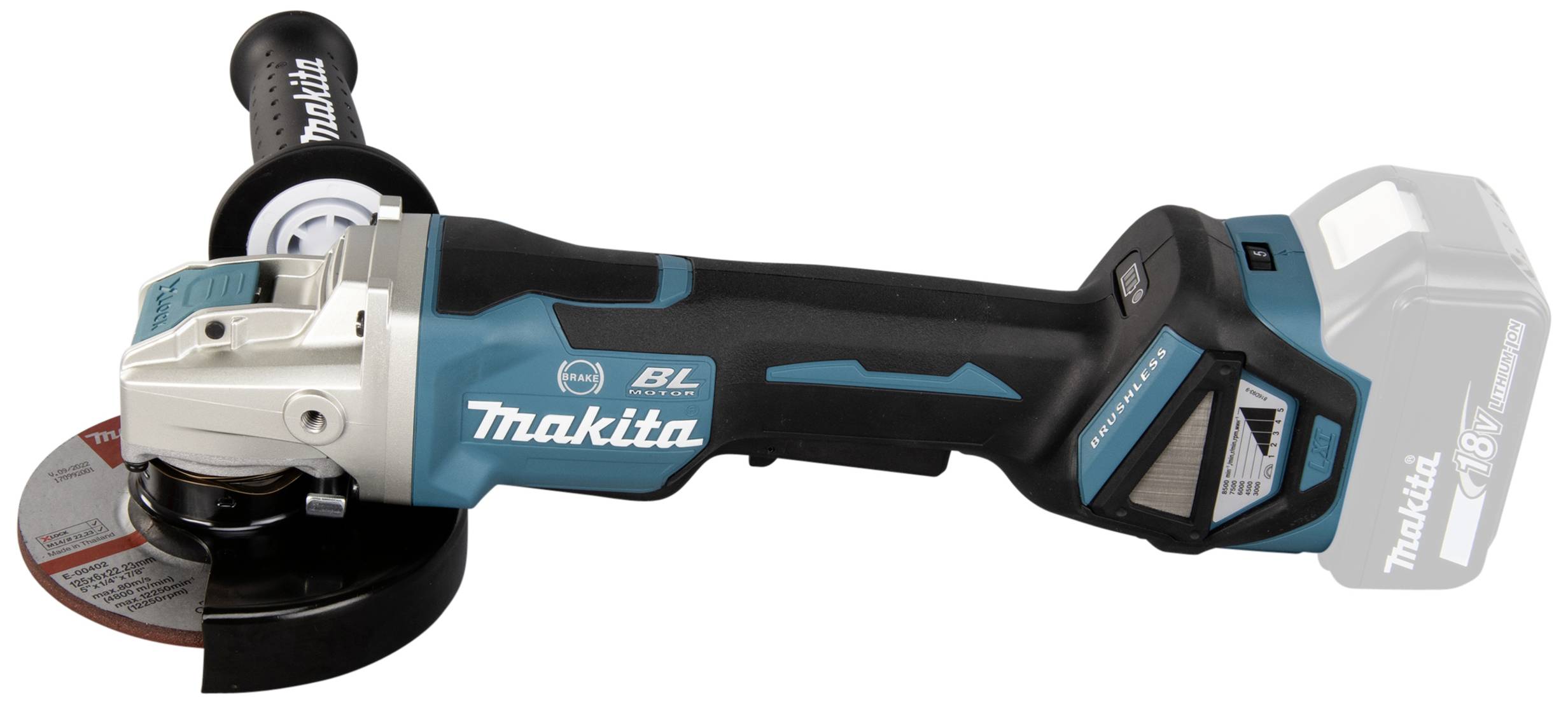 Akkubetriebener Winkelschleifer in Blau und Schwarz, mit roter Trennscheibe. Marke 'Makita', Modellbezeichnung in Weiß auf dem Gehäuse.