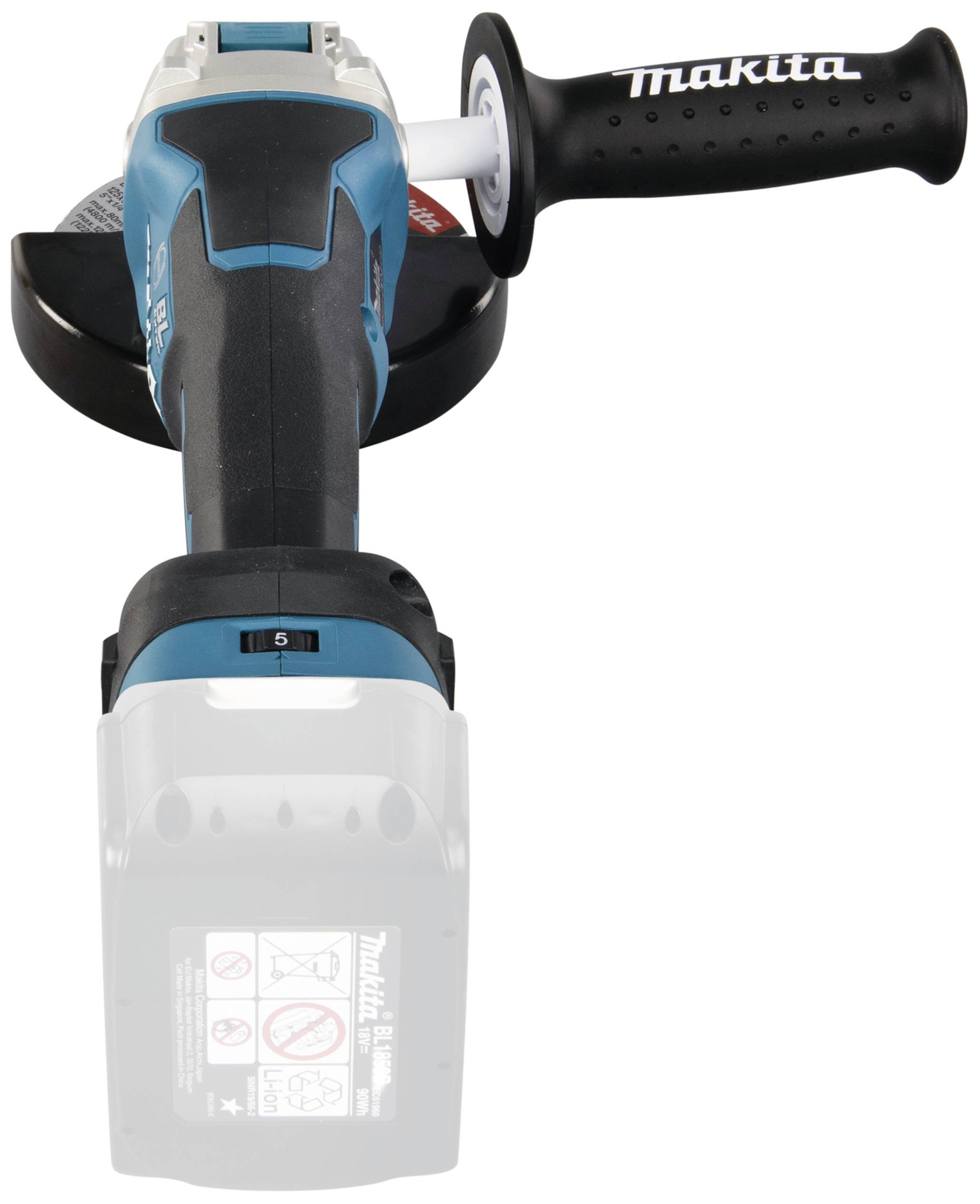 Ein kabelloser Winkelschleifer von Makita, frontal fotografiert, mit einem grauen Griff und einem Schutzschild über der Schleiffläche.