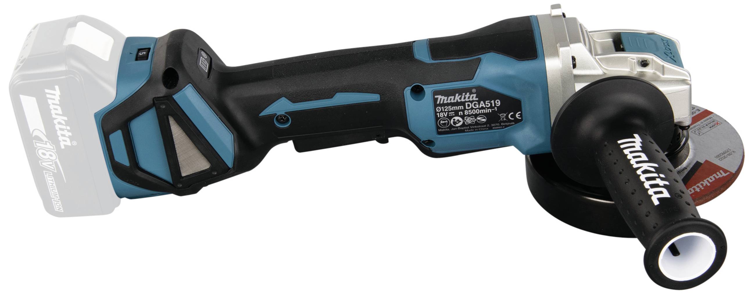 Akkubetriebener Winkelschleifer in Blau-Schwarz mit ergonomischem Griff und Schutzvorrichtung. Geeignet für Metallbearbeitung.