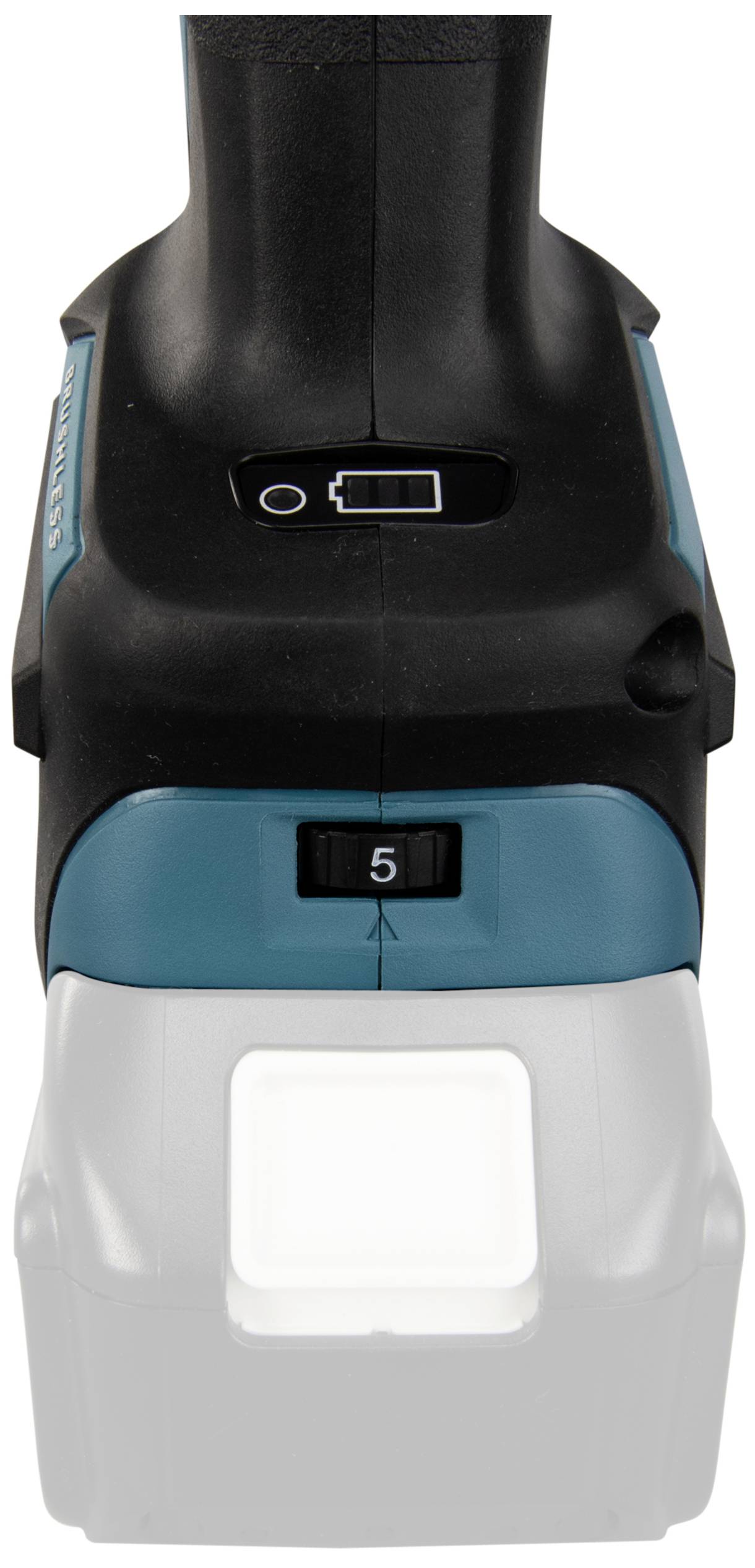 Akkuschrauber mit digitaler Anzeige für Ladestand, schwarzem Griff und blauer Gehäuseverkleidung.