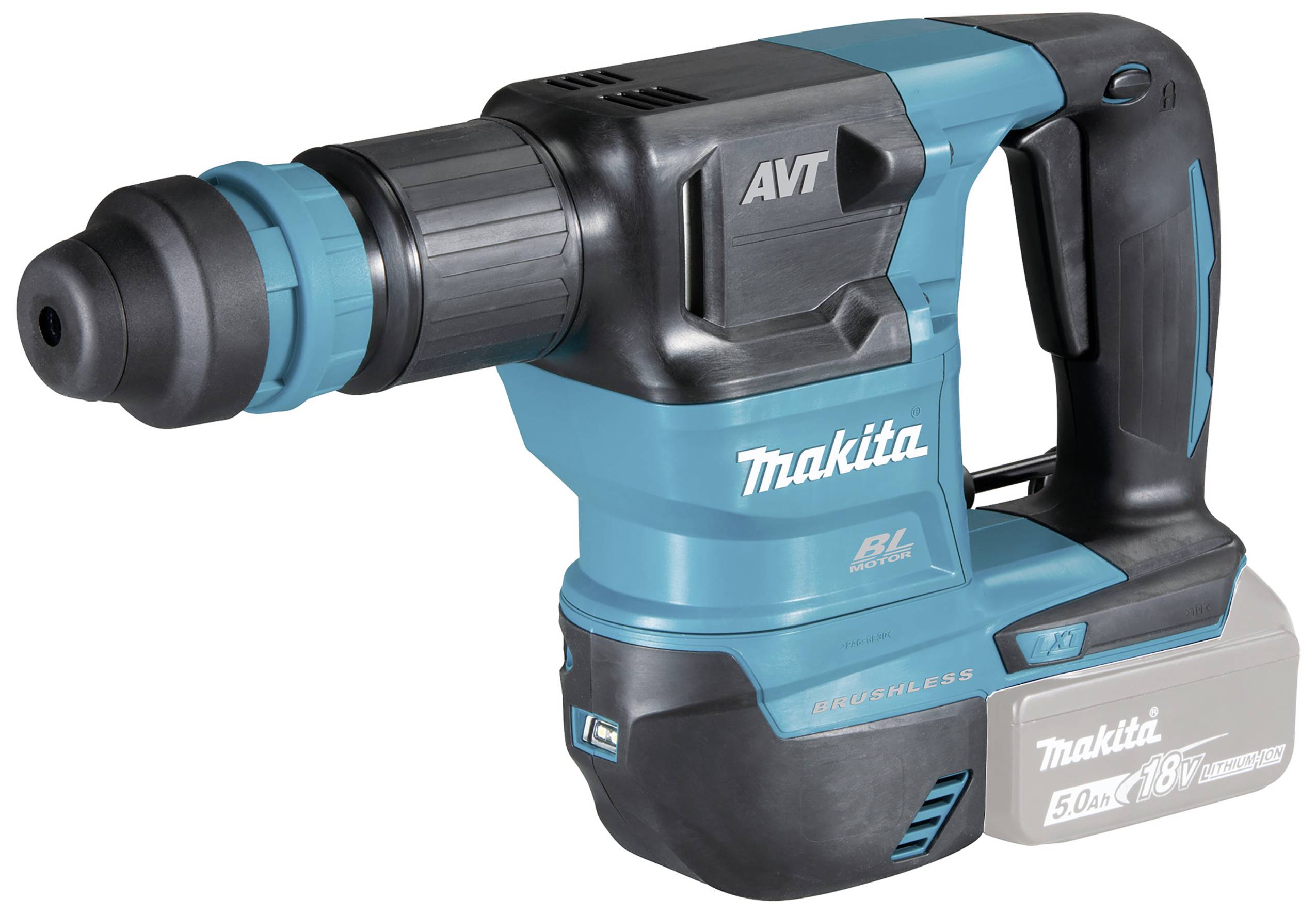 Ein blauer und schwarzer Makita-Akkubohrhammer mit ergonomischem Griff, geeignet für professionelle Bauarbeiten.