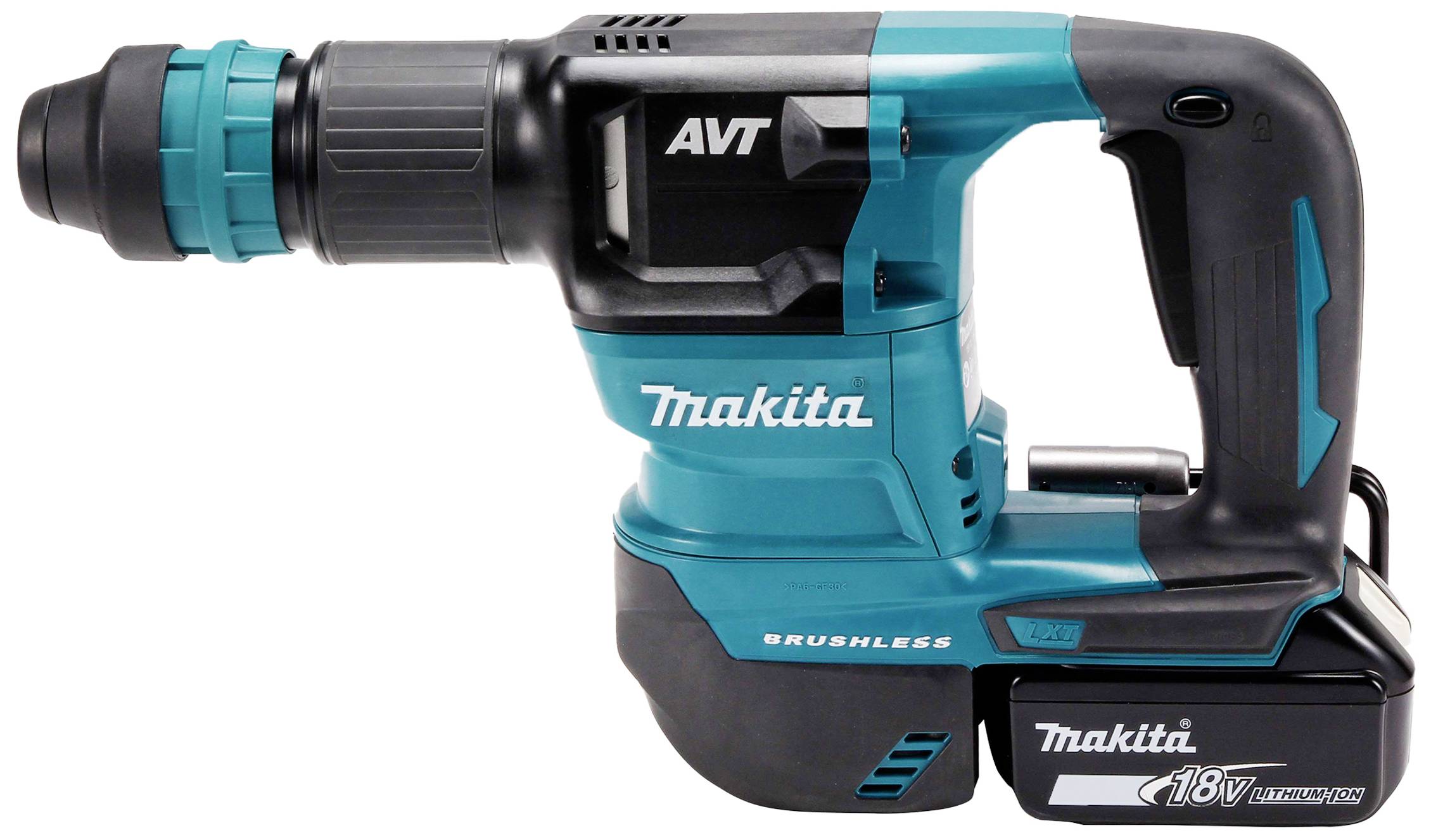 Ein blauer und schwarzer Akku-Bohrhammer mit der Aufschrift 'Makita', Modell 'AVT', für leistungsstarke Bohrarbeiten.