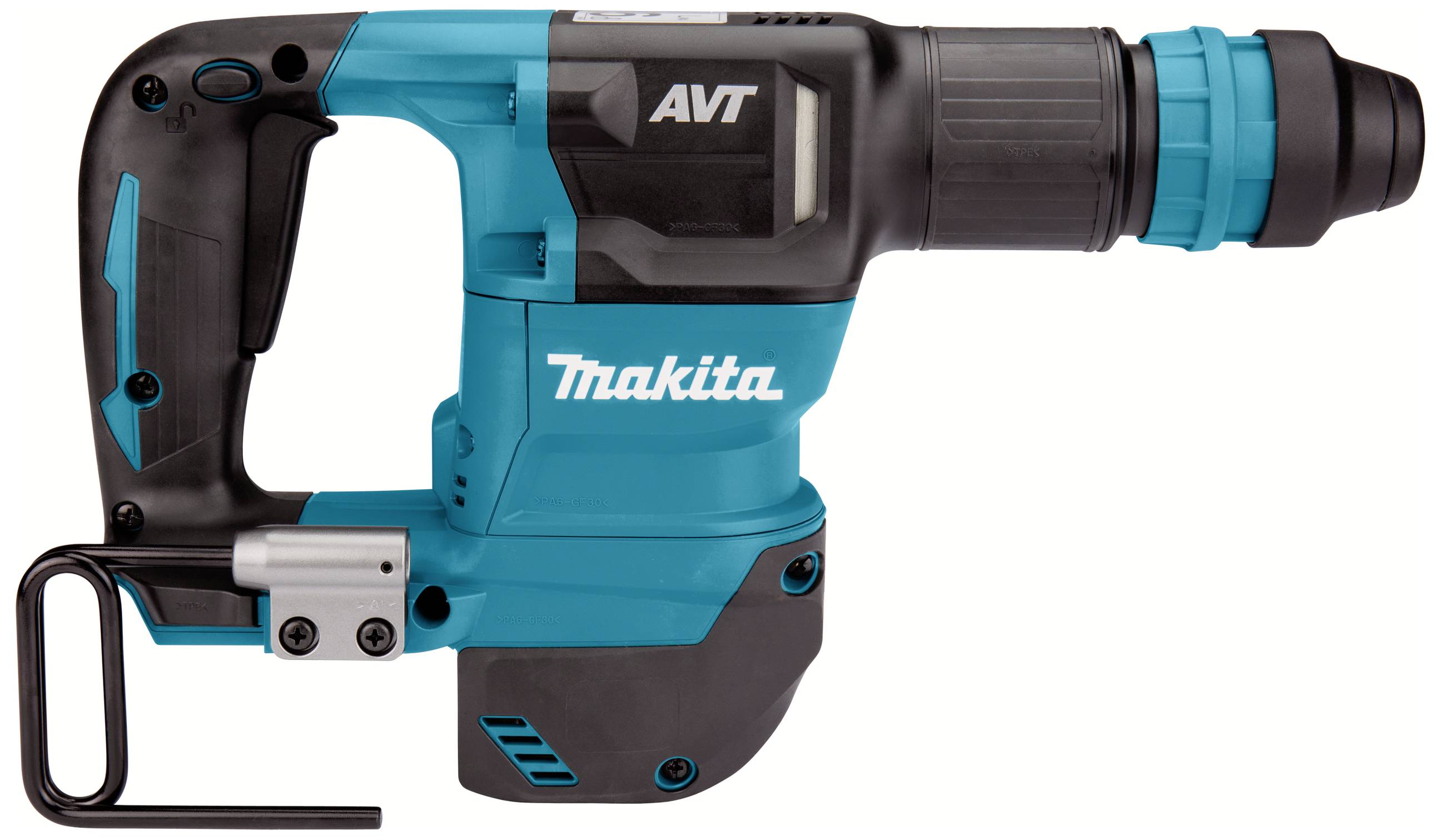 Ein blauer und schwarzer Bohrhammer mit dem Logo 'Makita' und der Abkürzung 'AVT', ausgestattet mit einem D-Griff und einem SDS-Bohrfutter.