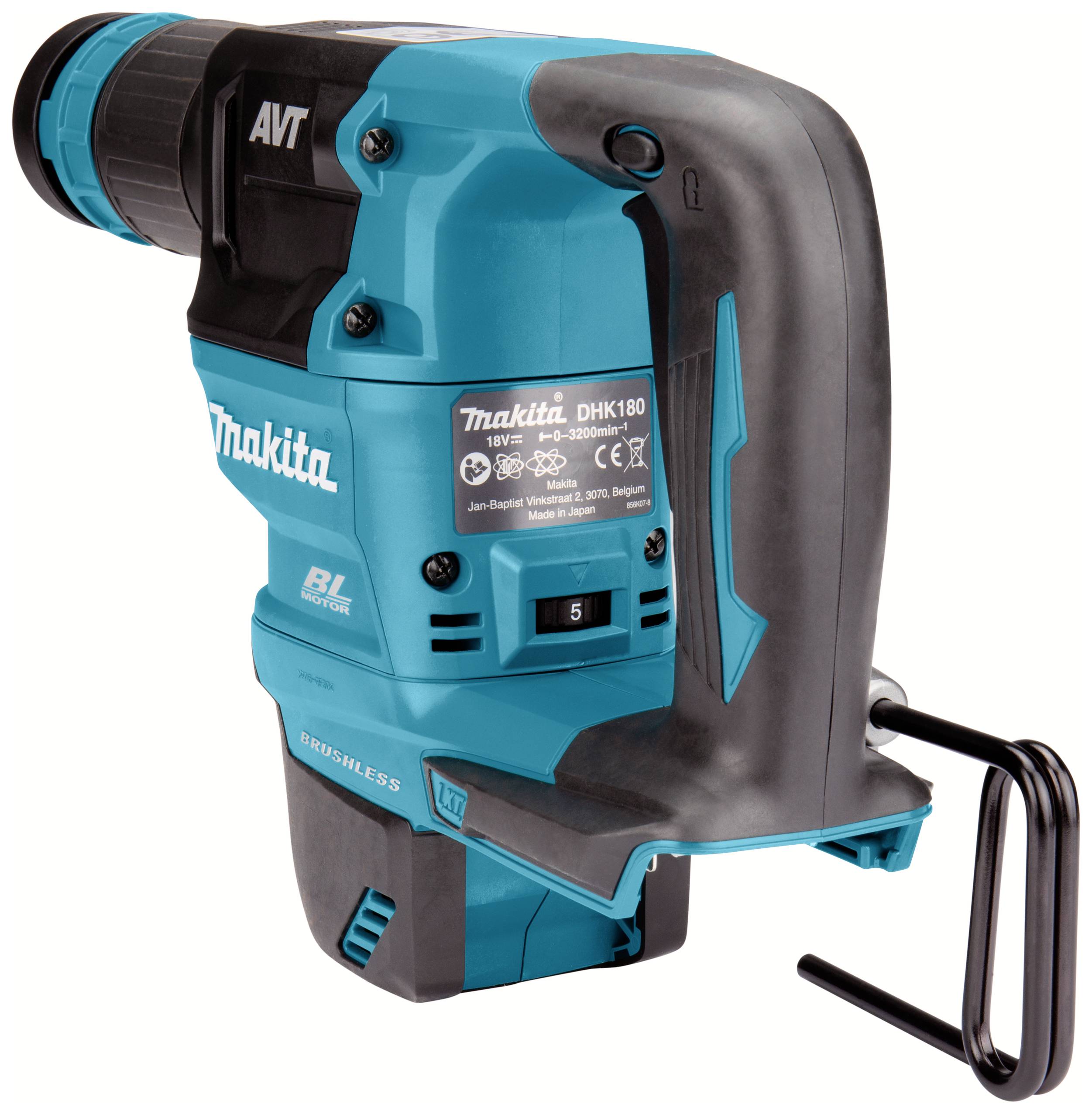 Elektrowerkzeug von Makita, blau-schwarz, Seitenansicht. Griff und Hakensystem sichtbar. Modellnummer 'DHK180' auf der Seite.