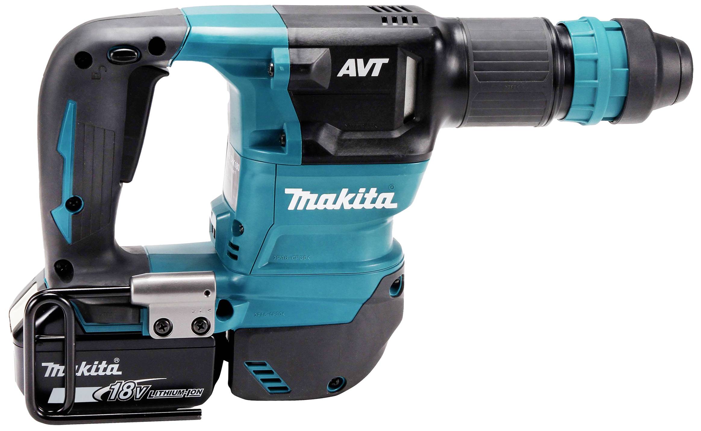 Ein blauer, kabelloser Bohrhammer mit schwarzem Griff und 18V Lithium-Batterie. Markenname und Modell sind auf der Seite sichtbar.