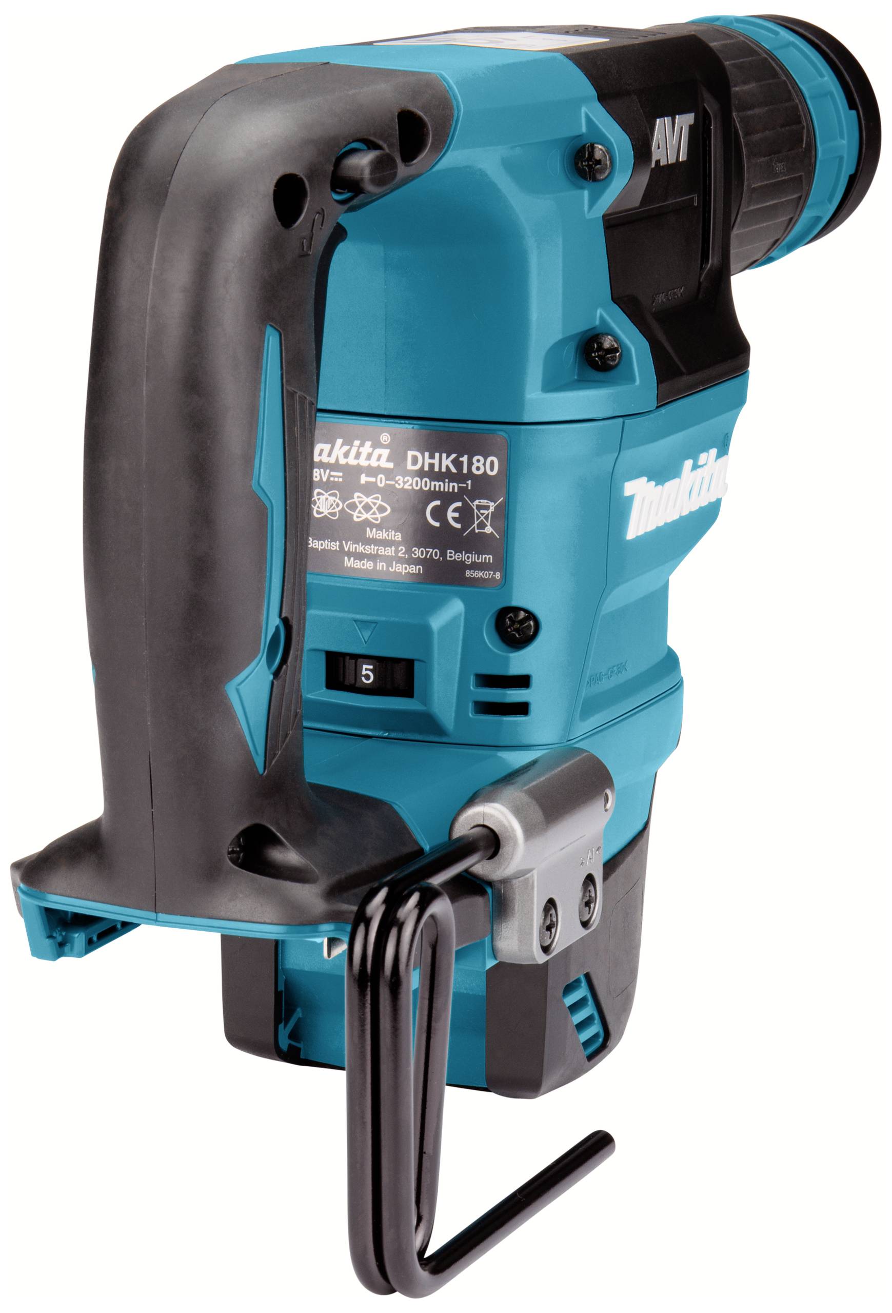 Ein blauer Elektrowerkzeug-Bohrhammer mit schwarzem Griff und Aufkleber auf der Seite. Designed für schwere Bauarbeiten.