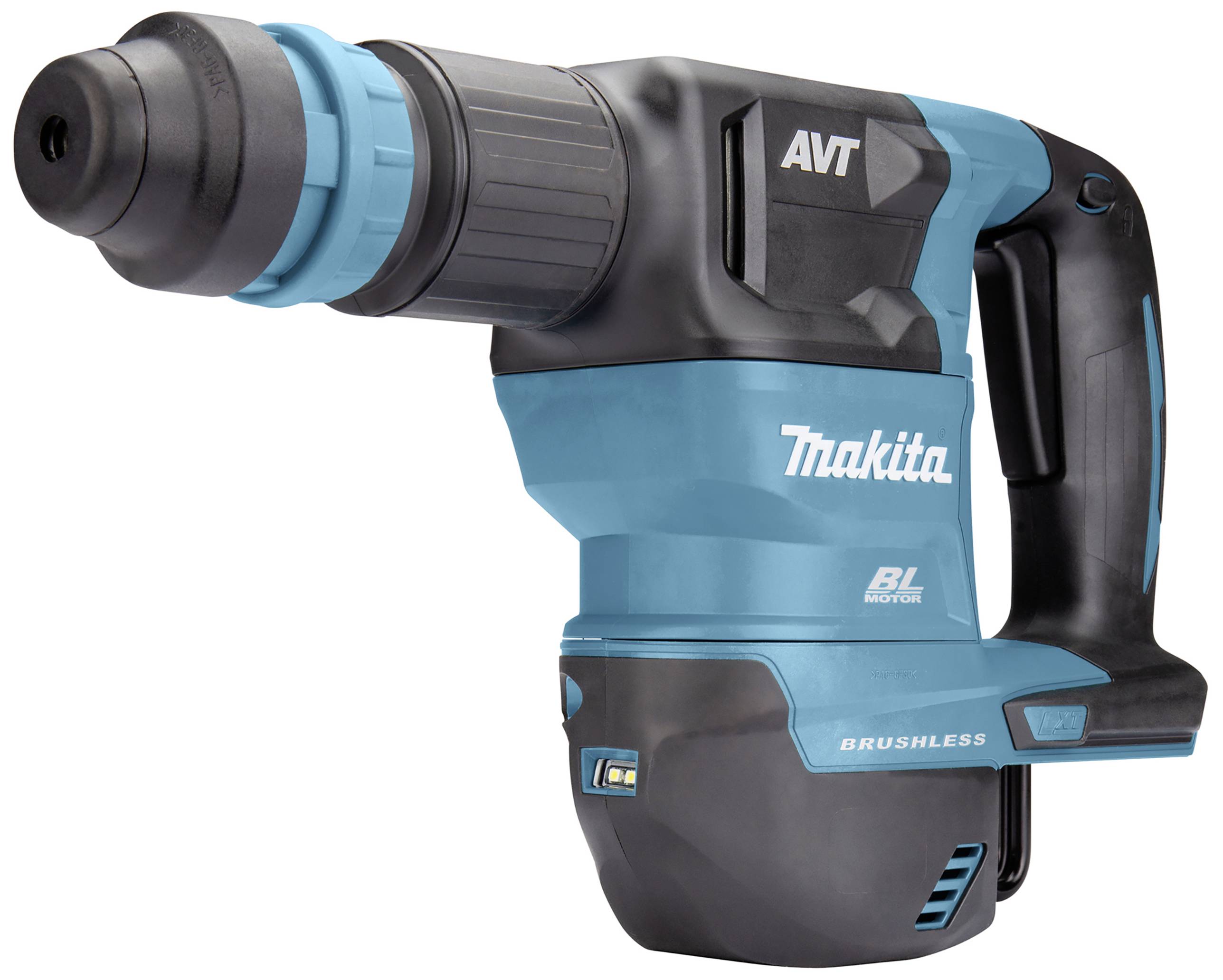 Ein blauer und schwarzer Akku-Bohrhammer mit der Aufschrift 'Makita'. Das Werkzeug hat einen ergonomischen Griff und einen robusten Bohrkopf.
