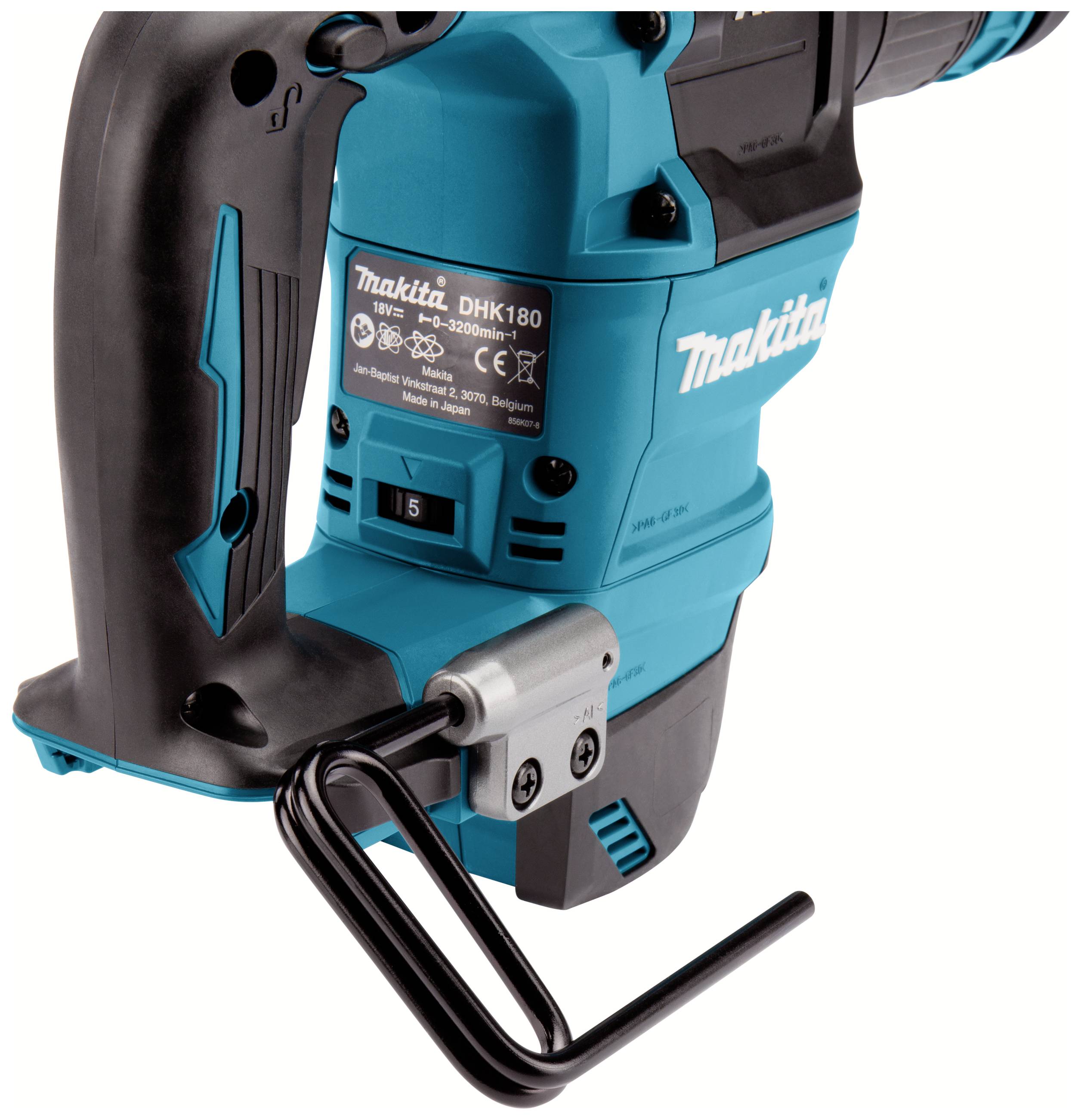 Ein blauer Makita Bohrhammer, Modell DHK180, mit schwarzem Griff und Metallsicherheitsbügel. Bedienfeld zeigt Betriebsmodi an.