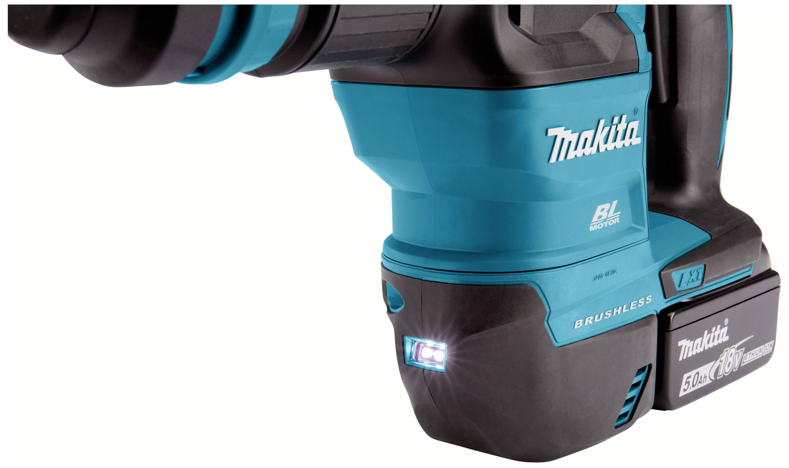 Ein blau-schwarzer Akku-Bohrhammer mit LED-Licht der Marke Makita, Modell BL, mit 5,0 Ah Li-Ion-Akku.