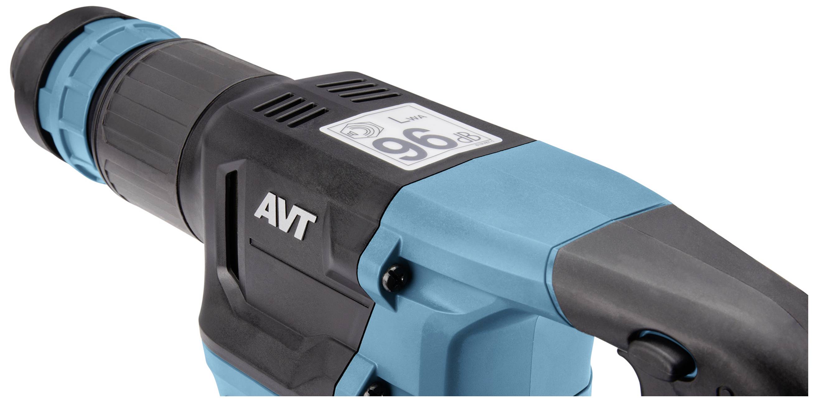 Ein blauer AVT-Bohrhammer mit einem Aufkleber, der '96 dB' zeigt.