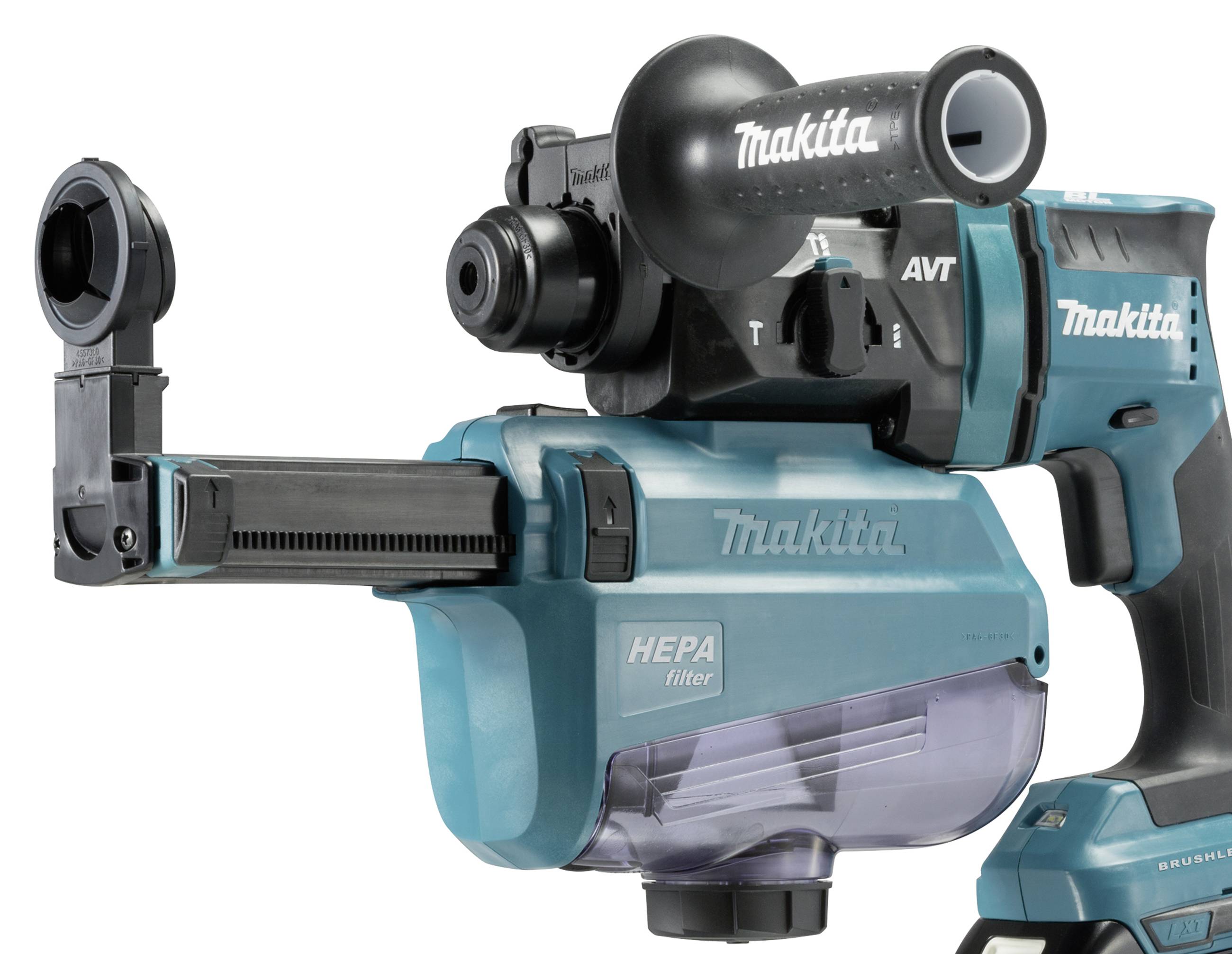 Ein kabelloser Makita-Bohrhammer in blau, mit einem integrierten HEPA-Filter, der für staubfreies Bohren sorgt.