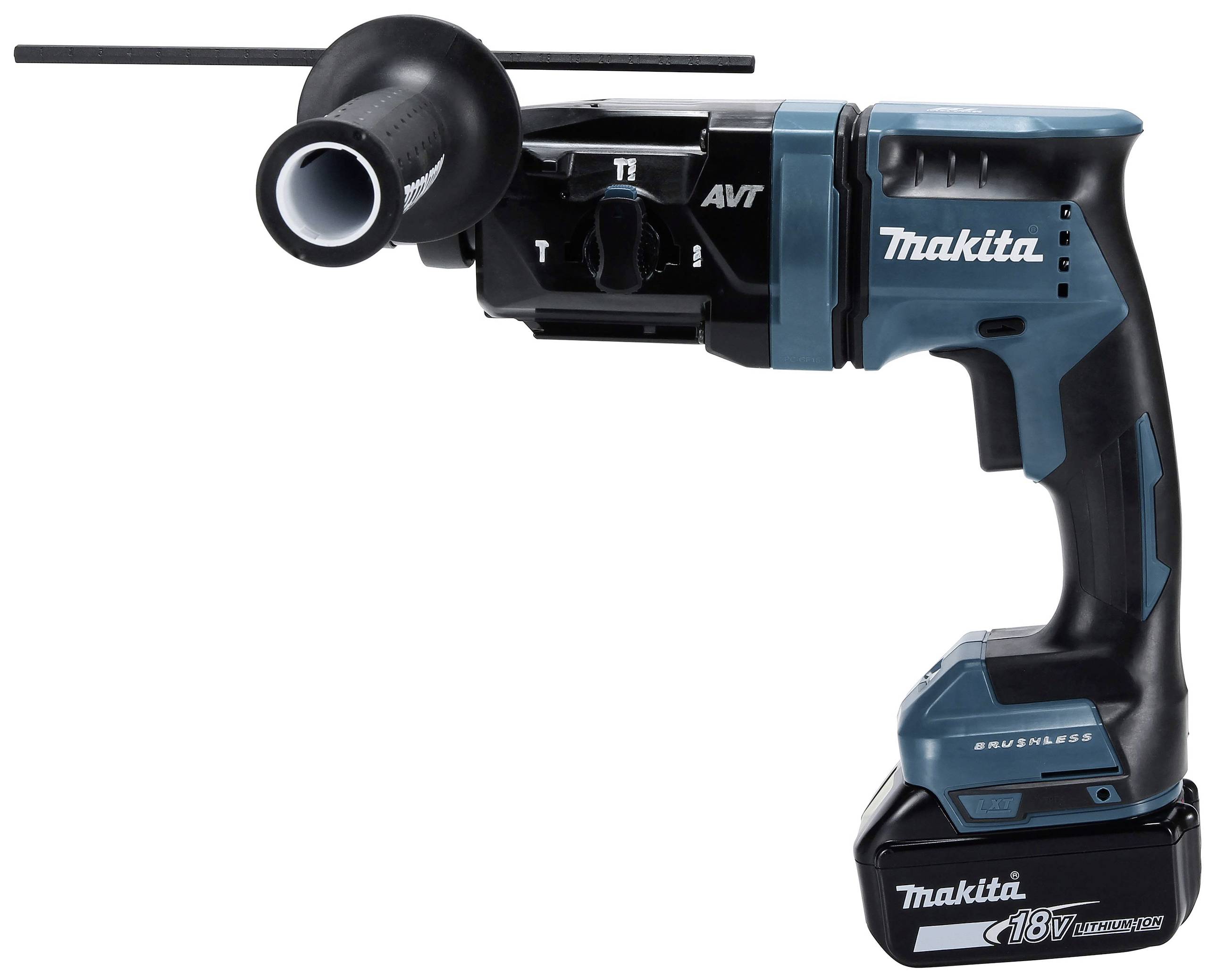 Blaue und schwarze Makita Akku-Bohrmaschine mit Zusatzgriff.