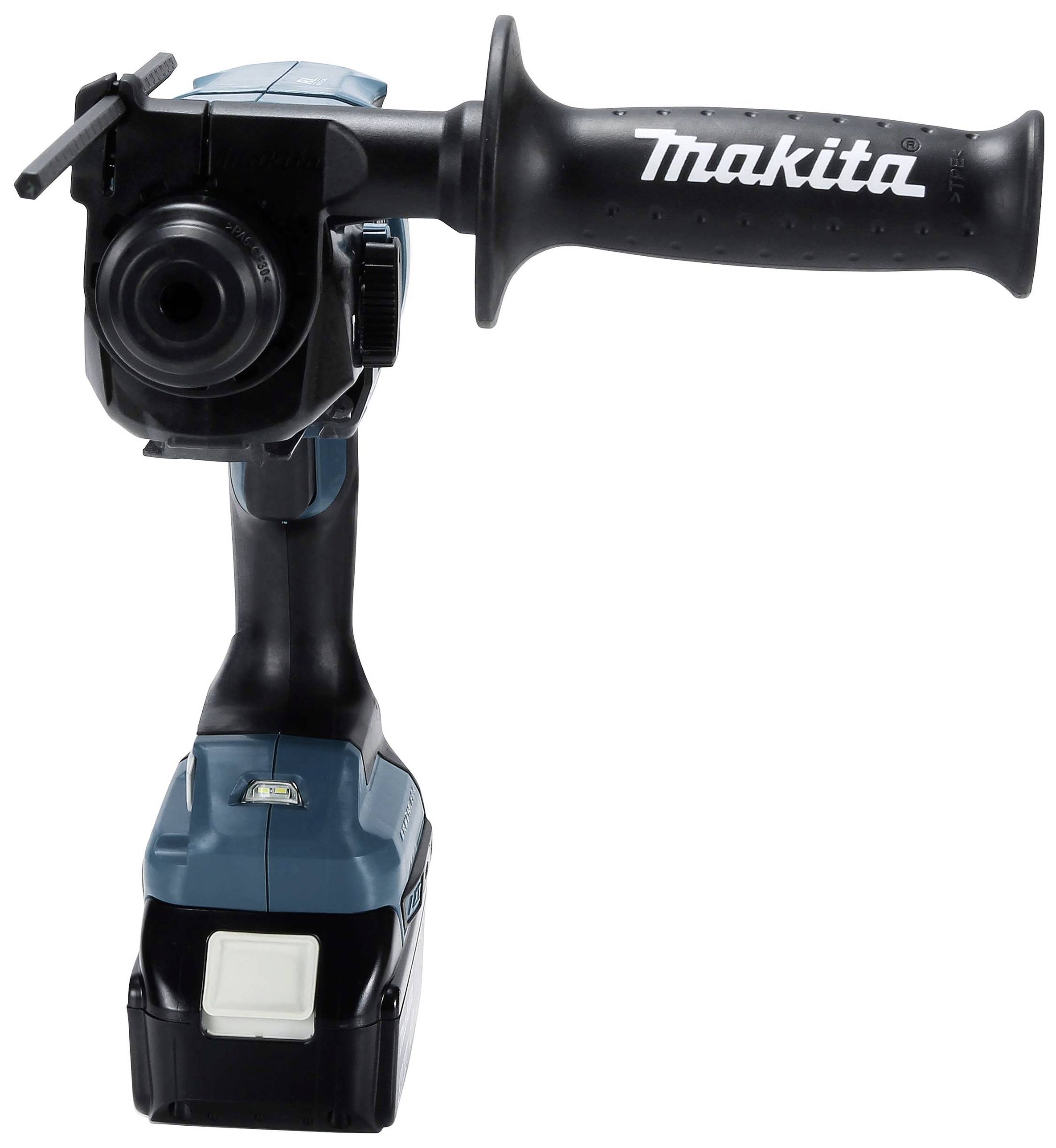 Ein blauer und schwarzer Akku-Bohrhammer mit einem ergonomischen Griff und einem 