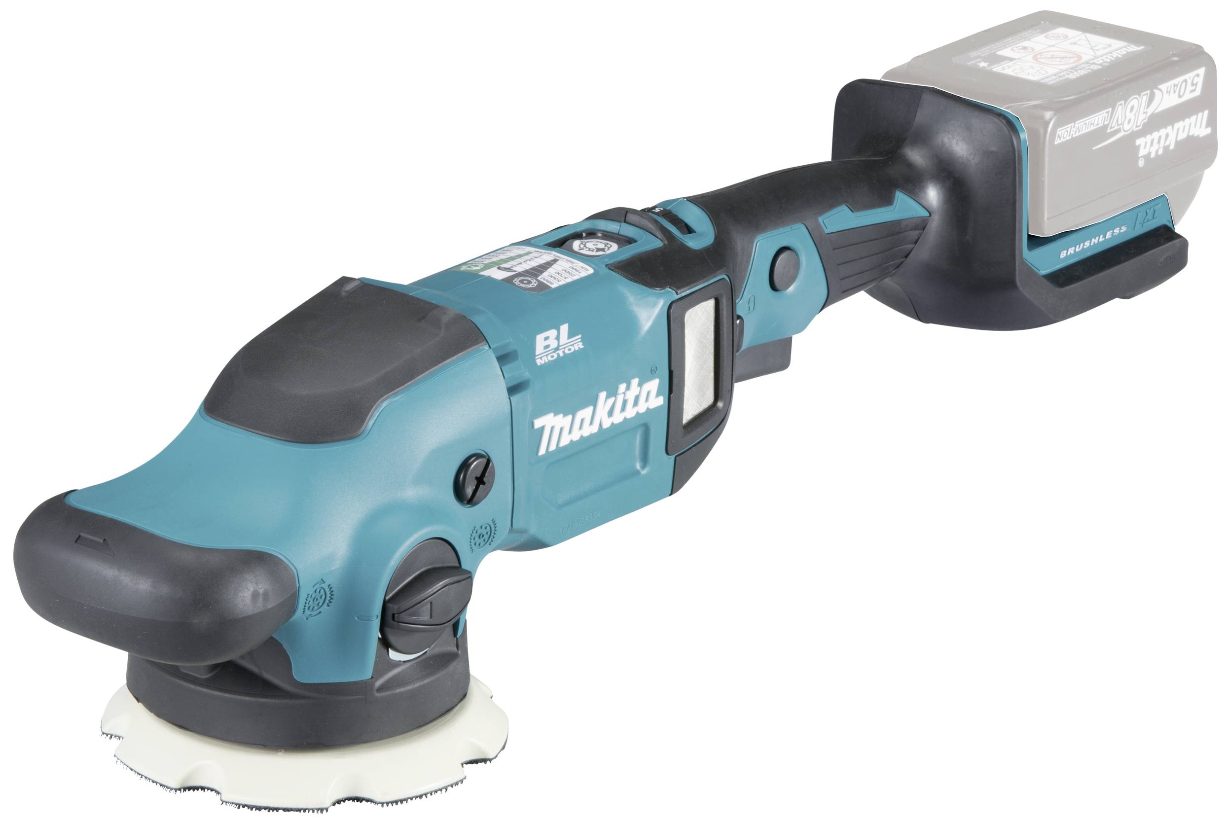 Kabelloser blauer Winkelschleifer mit Akku von Makita, seitliche Ansicht. Ideal für Polier- und Schleifarbeiten.
