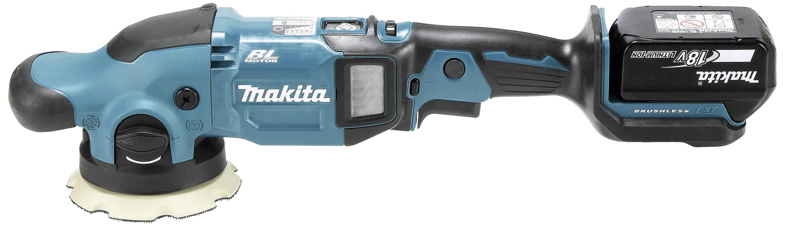 Akku-Poliermaschine mit blauem Gehäuse, schwarzem Griff und Batterie. Geeignet zum Polieren und Schleifen von Oberflächen.