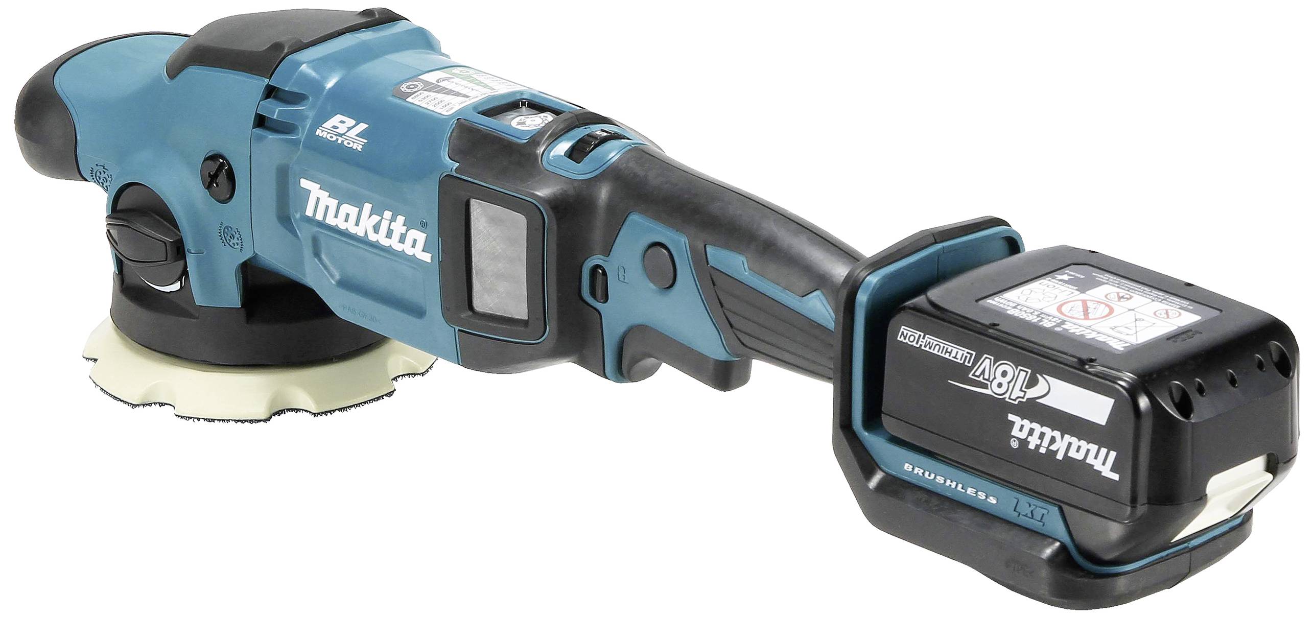 Ein kabelloser, blauer Winkelschleifer von Makita mit einem 18V-Akku. Das Gerät hat einen ergonomischen Griff und einen runden Schleifkopf.
